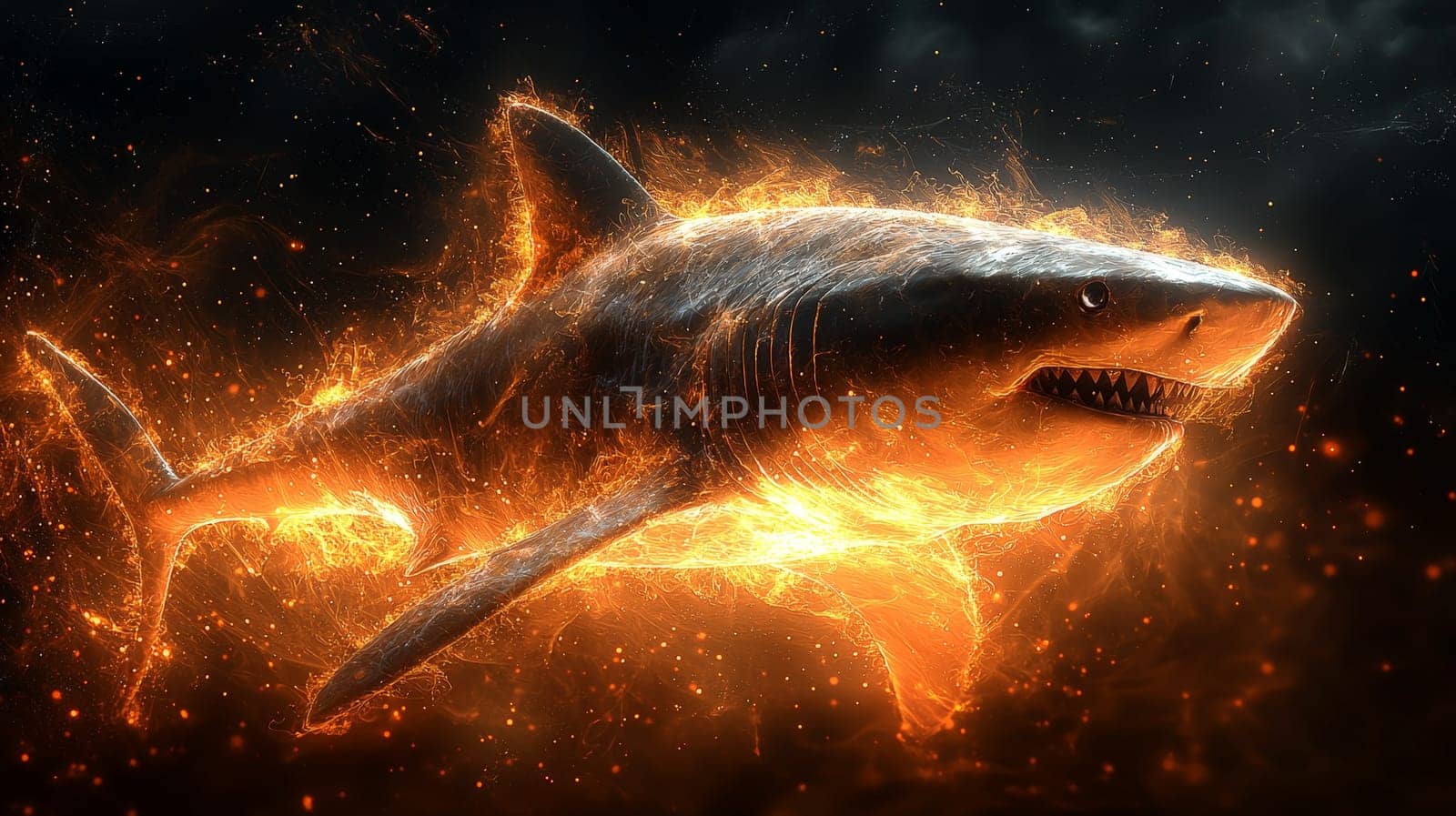 This hyper-detailed 3D rendering presents an abstract interpretation of a shark theme, set against an orange and black background. The design is rich in high contrast and intricate details, highlighting the fluid yet powerful form of the shark in a visually captivating and modern style.