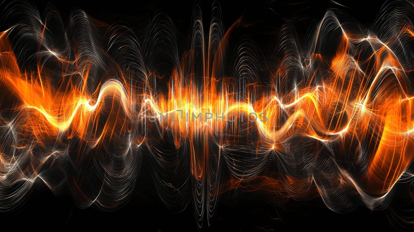 This abstract 3D rendering features intricate sound waves flowing through a dynamic orange and black color scheme. With its hyper-detailed textures and high-resolution contrast, the image captures the fluid motion and energy of sound, blending vivid colors with sharp, detailed lines that evoke a sense of rhythm and movement.