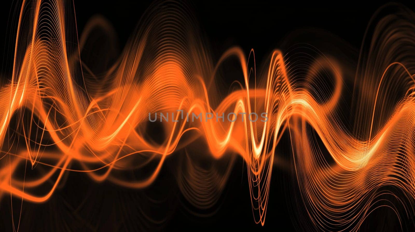 This abstract 3D rendering features intricate sound waves flowing through a dynamic orange and black color scheme. With its hyper-detailed textures and high-resolution contrast, the image captures the fluid motion and energy of sound, blending vivid colors with sharp, detailed lines that evoke a sense of rhythm and movement.