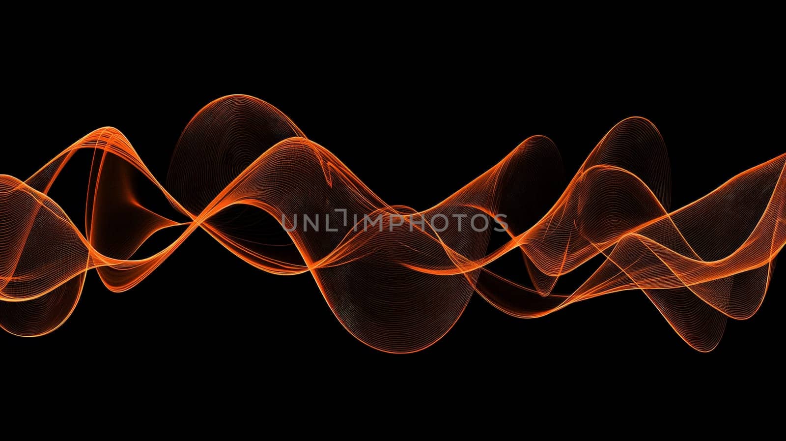 This abstract 3D rendering features intricate sound waves flowing through a dynamic orange and black color scheme. With its hyper-detailed textures and high-resolution contrast, the image captures the fluid motion and energy of sound, blending vivid colors with sharp, detailed lines that evoke a sense of rhythm and movement.
