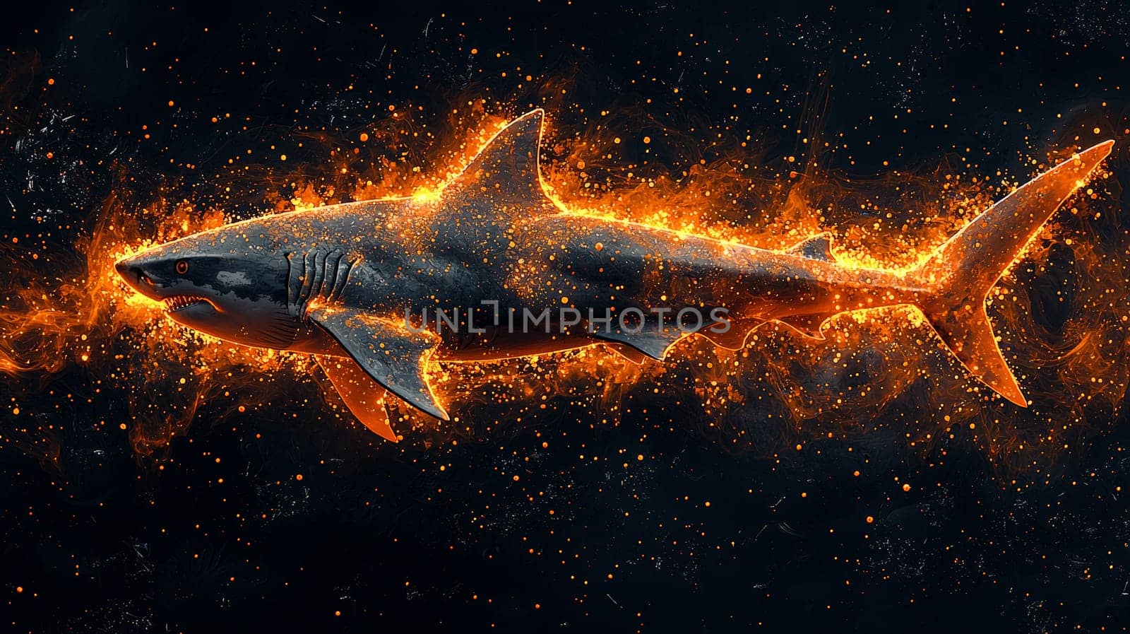 This hyper-detailed 3D rendering presents an abstract interpretation of a shark theme, set against an orange and black background. The design is rich in high contrast and intricate details, highlighting the fluid yet powerful form of the shark in a visually captivating and modern style.