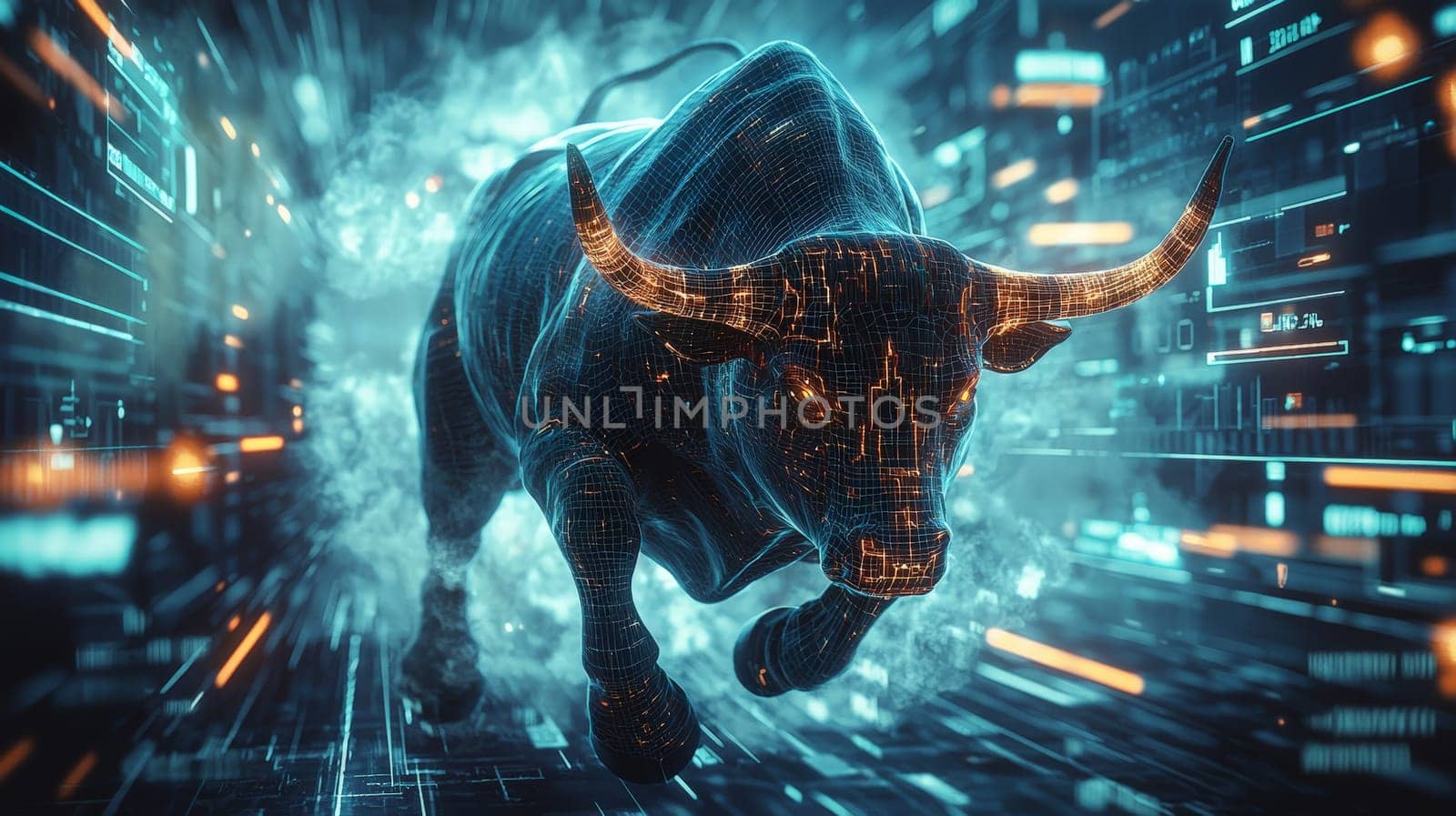 A futuristic 3D rendering of a powerful bull charging into a bustling crypto market trading floor, symbolizing the aggressive and dynamic nature of the cryptocurrency world. The high-energy scene blends traditional finance with digital innovation, capturing the excitement and volatility of crypto trading.