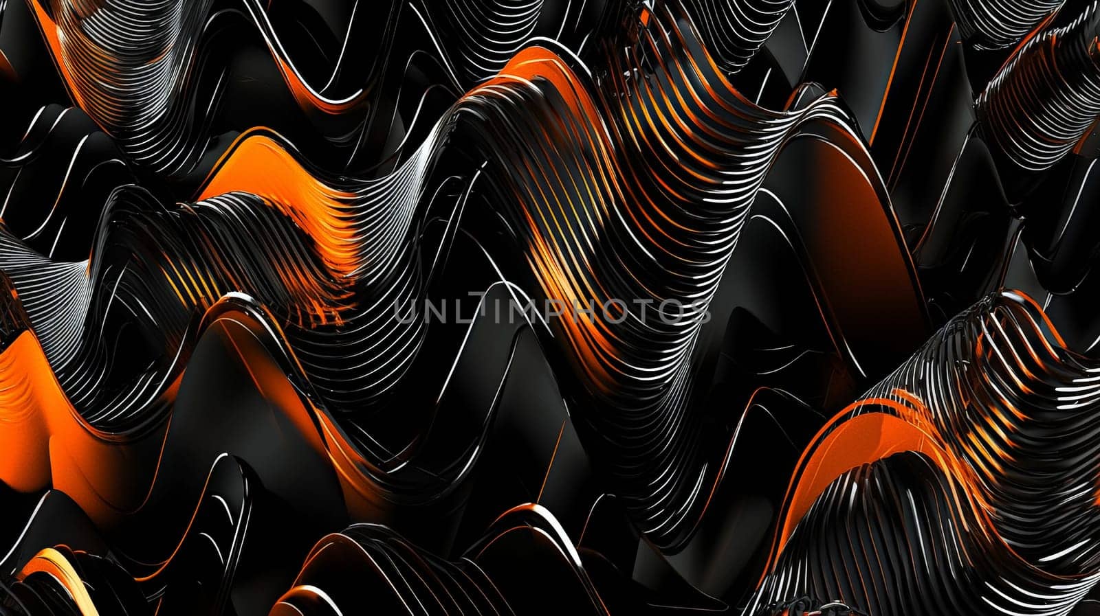 This abstract 3D rendering features intricate sound waves flowing through a dynamic orange and black color scheme. With its hyper-detailed textures and high-resolution contrast, the image captures the fluid motion and energy of sound, blending vivid colors with sharp, detailed lines that evoke a sense of rhythm and movement.