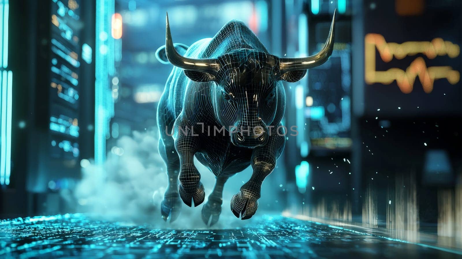 A futuristic 3D rendering of a powerful bull charging into a bustling crypto market trading floor, symbolizing the aggressive and dynamic nature of the cryptocurrency world. The high-energy scene blends traditional finance with digital innovation, capturing the excitement and volatility of crypto trading.