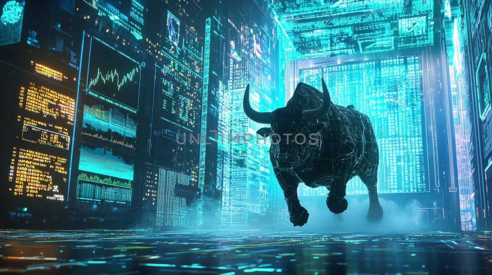 A futuristic 3D rendering of a powerful bull charging into a bustling crypto market trading floor, symbolizing the aggressive and dynamic nature of the cryptocurrency world. The high-energy scene blends traditional finance with digital innovation, capturing the excitement and volatility of crypto trading.