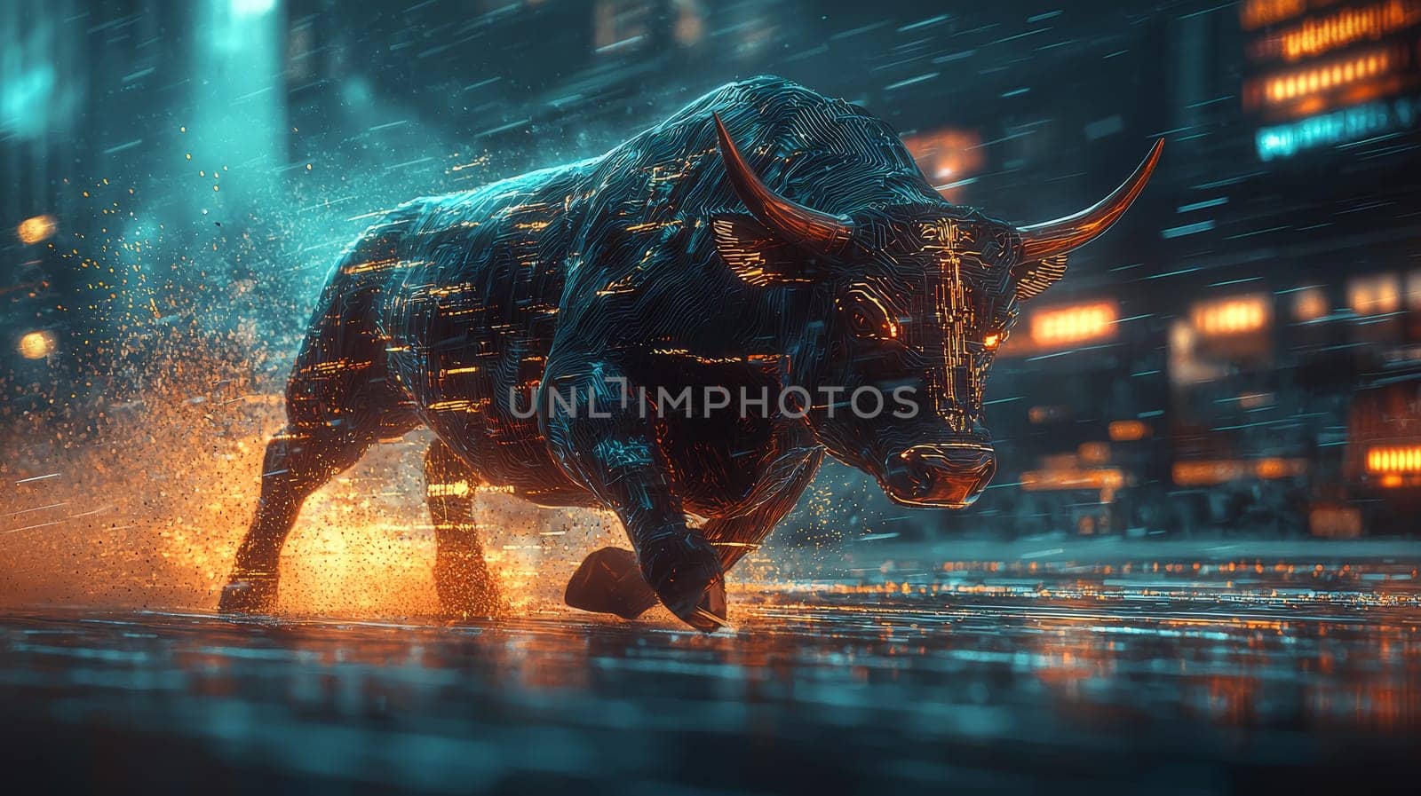 A futuristic 3D rendering of a powerful bull charging into a bustling crypto market trading floor, symbolizing the aggressive and dynamic nature of the cryptocurrency world. The high-energy scene blends traditional finance with digital innovation, capturing the excitement and volatility of crypto trading.