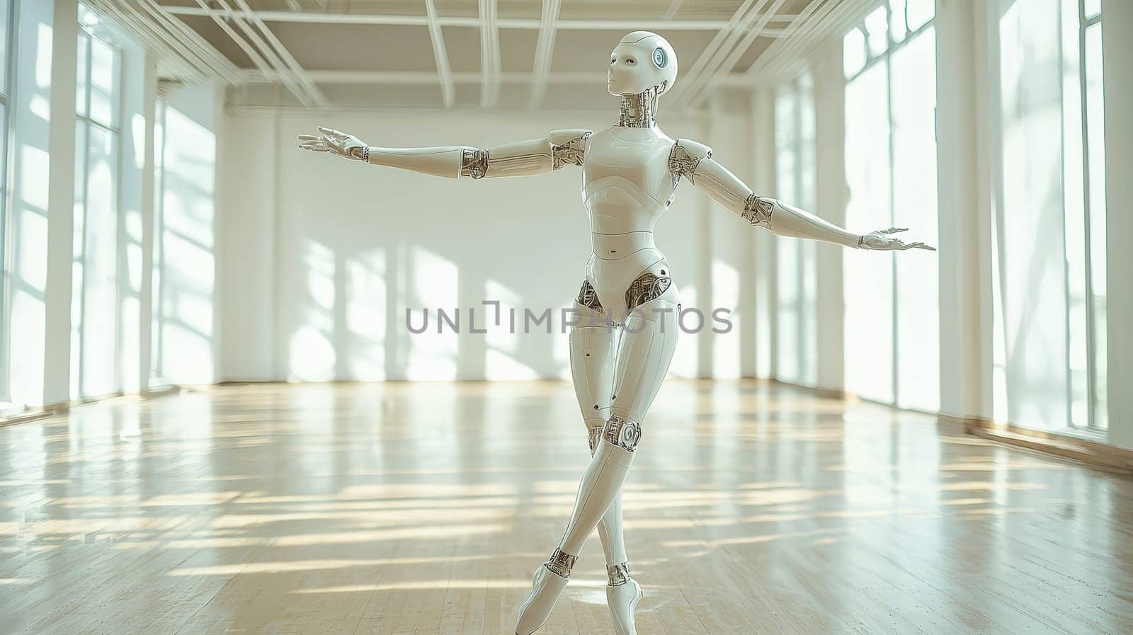 A captivating photo capturing a white robot executing a ballet pose with elegance and precision. The scene combines robotics with the artistry of dance, showcasing the fluidity and grace achievable in modern technology.