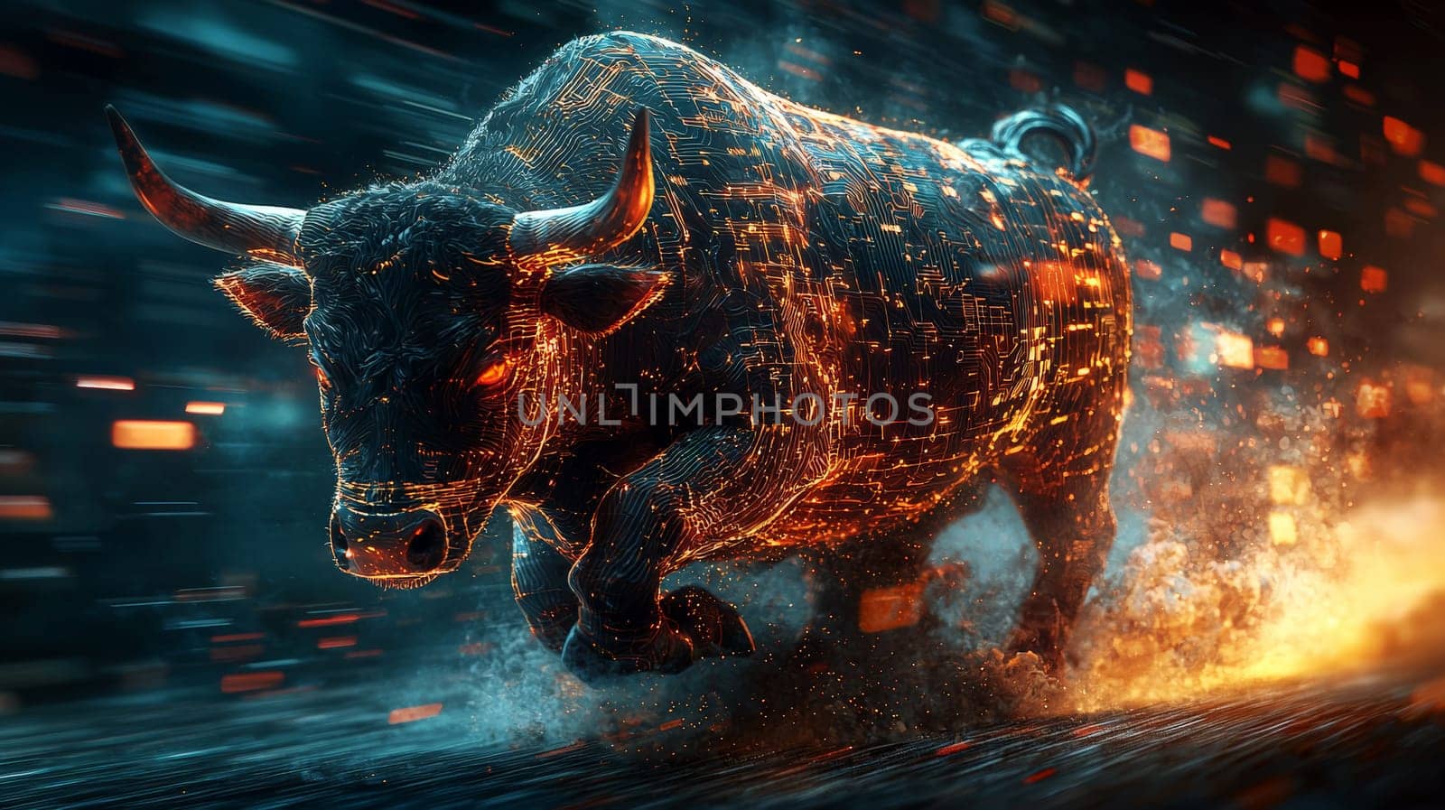 A futuristic 3D rendering of a powerful bull charging into a bustling crypto market trading floor, symbolizing the aggressive and dynamic nature of the cryptocurrency world. The high-energy scene blends traditional finance with digital innovation, capturing the excitement and volatility of crypto trading.