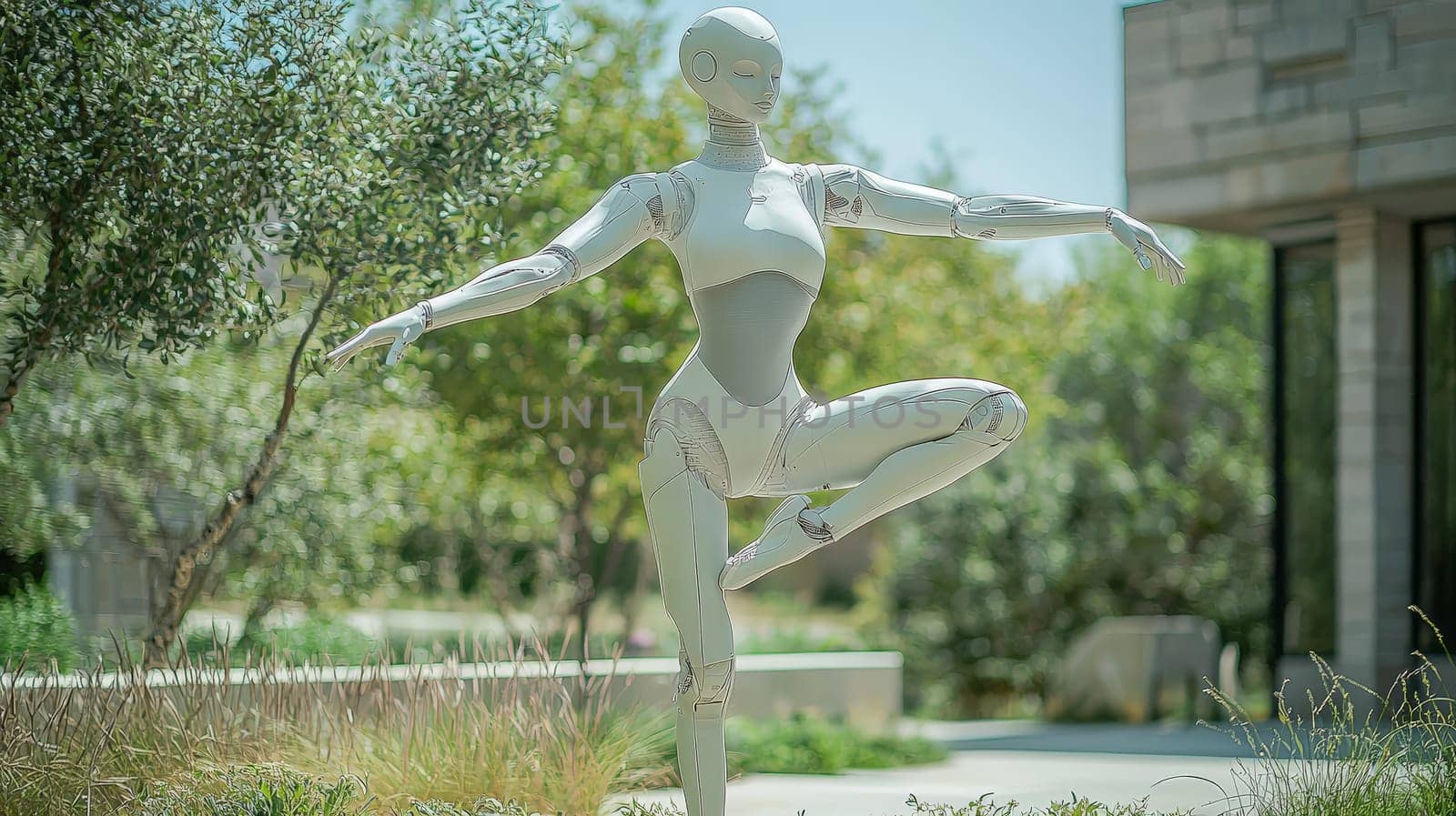 A captivating photo capturing a white robot executing a ballet pose with elegance and precision. The scene combines robotics with the artistry of dance, showcasing the fluidity and grace achievable in modern technology.