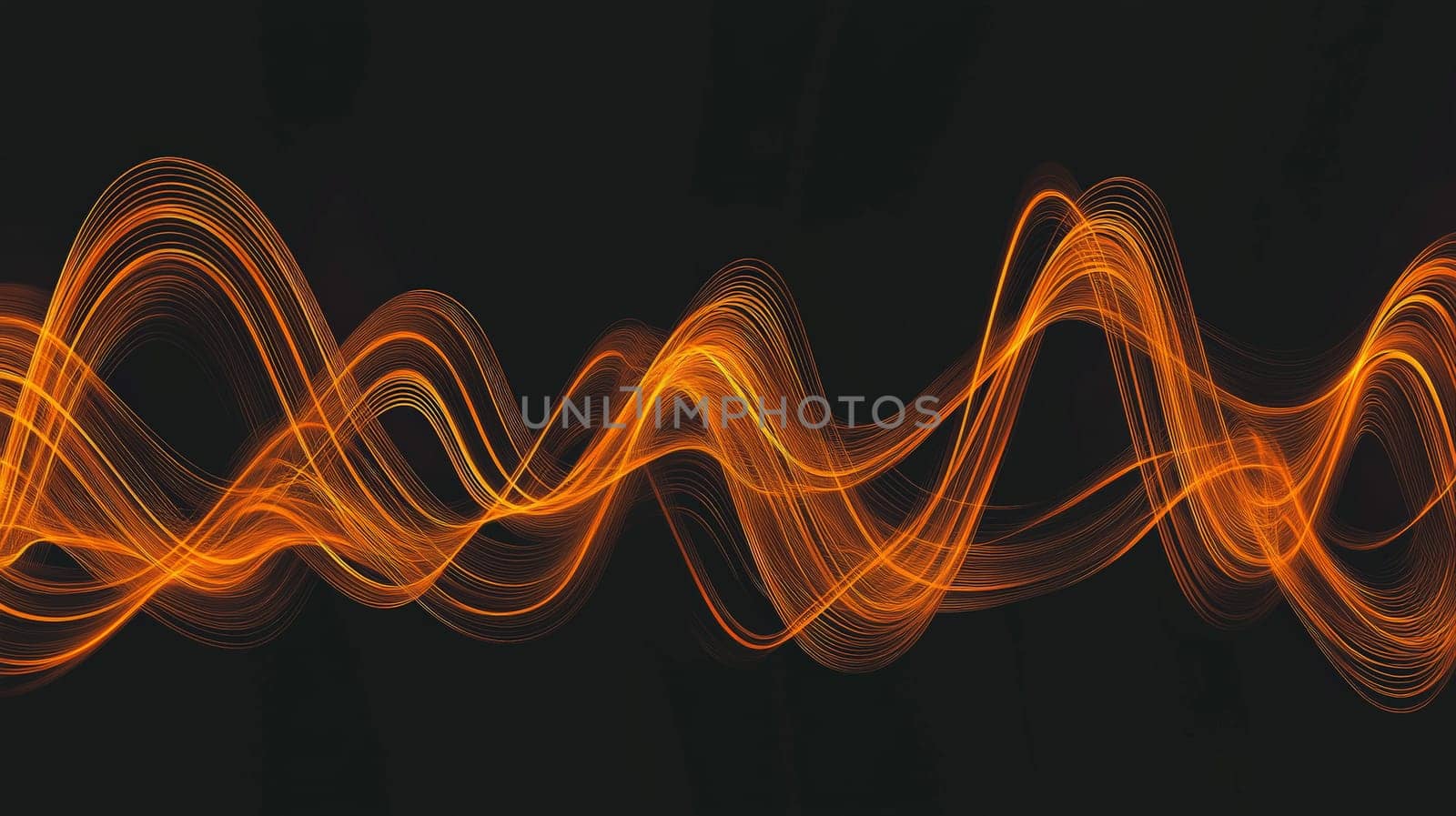 This abstract 3D rendering features intricate sound waves flowing through a dynamic orange and black color scheme. With its hyper-detailed textures and high-resolution contrast, the image captures the fluid motion and energy of sound, blending vivid colors with sharp, detailed lines that evoke a sense of rhythm and movement.