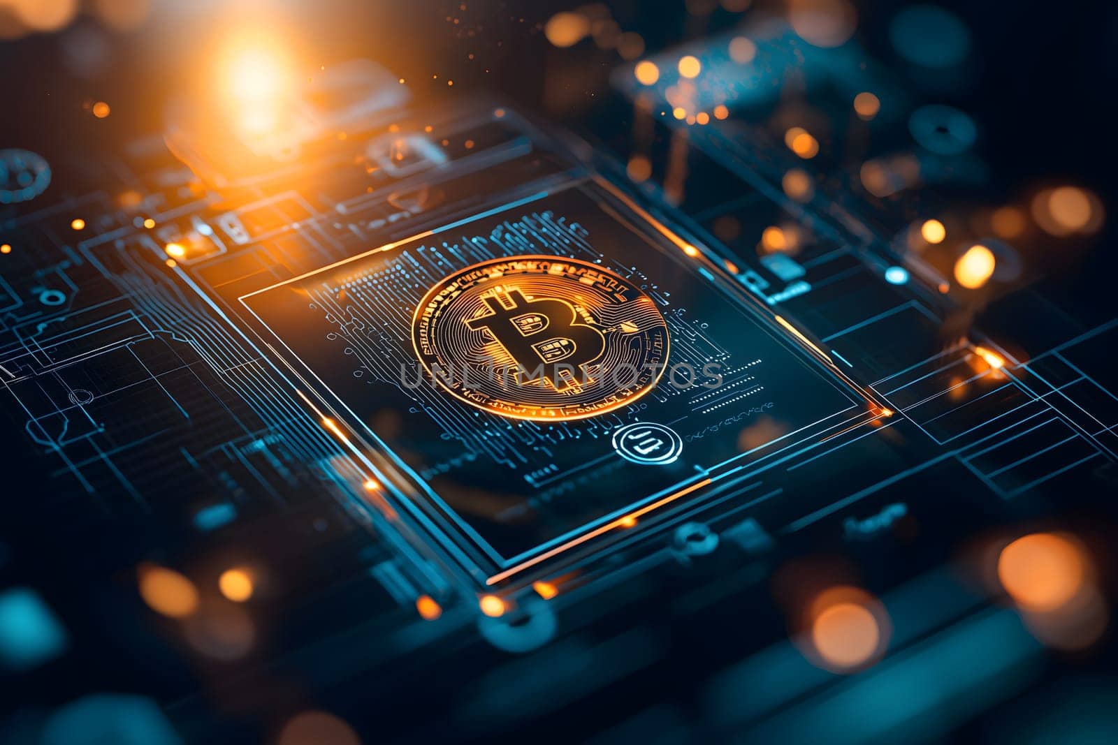 abstract image of bitcoin and digital network circuits, capturing the essence of fintech innovation, blockchain technology, and cryptocurrency in modern finance. AI generated image
