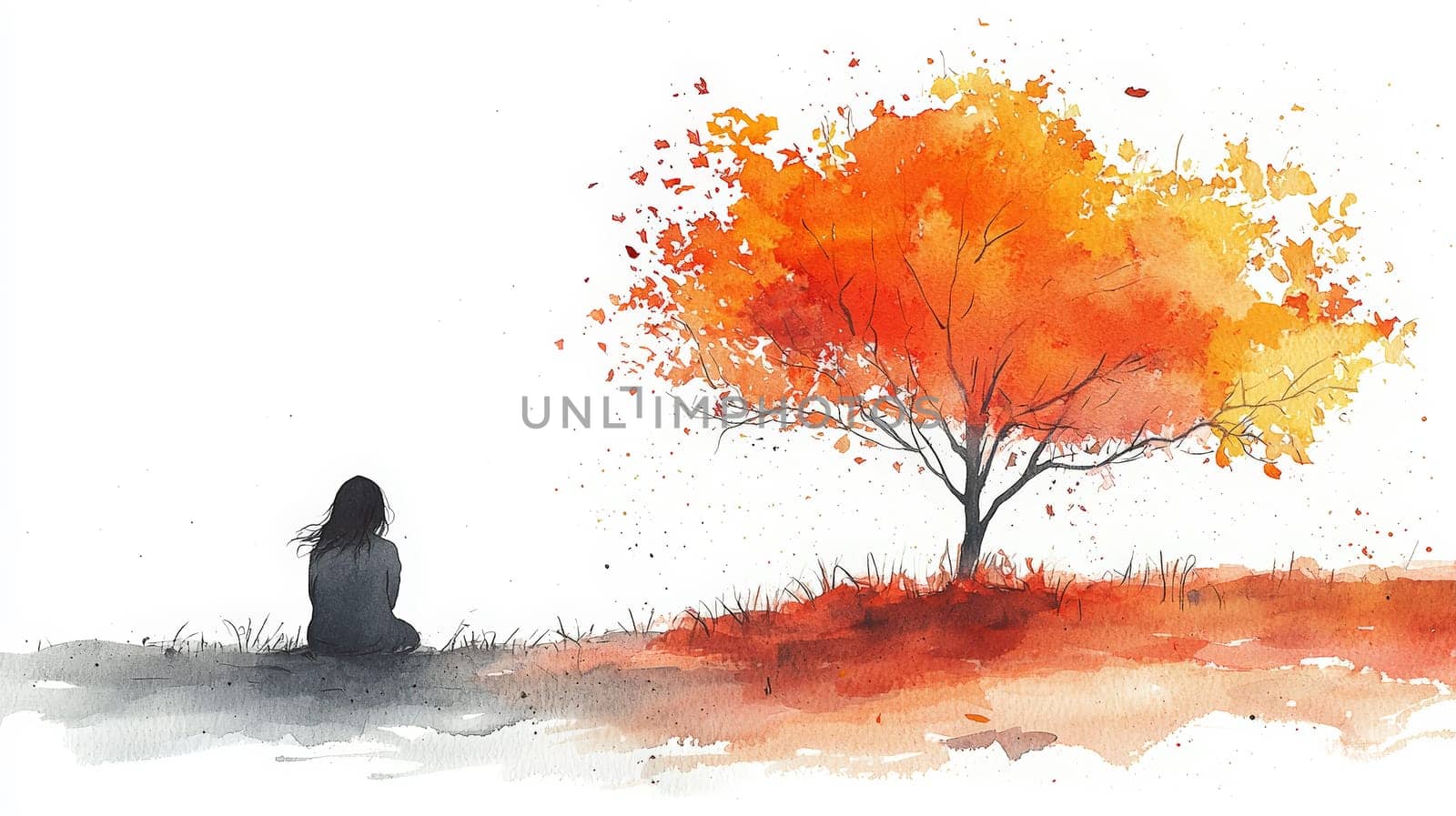 A minimalist watercolor artwork capturing a young girl observing a leafless tree during fall. The girl is illustrated with a single continuous line, giving the scene a delicate and contemplative feel against a clean white background. The piece evokes themes of simplicity, solitude, and seasonal change.