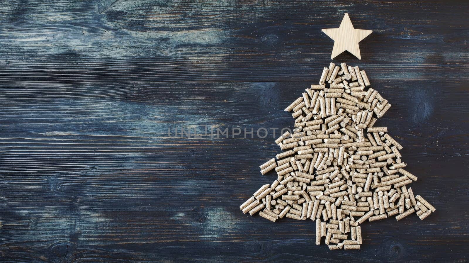 A captivating top-down view of wood pellets arranged in the shape of a Christmas tree, set against a serene blue festive background. The selective focus highlights the natural texture of the pellets, creating a minimalist yet festive holiday design.