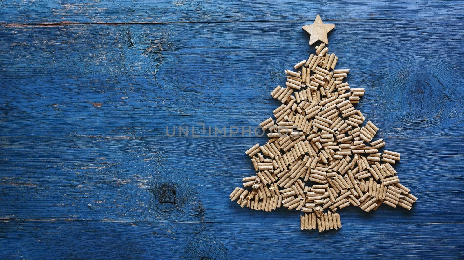 A captivating top-down view of wood pellets arranged in the shape of a Christmas tree, set against a serene blue festive background. The selective focus highlights the natural texture of the pellets, creating a minimalist yet festive holiday design.