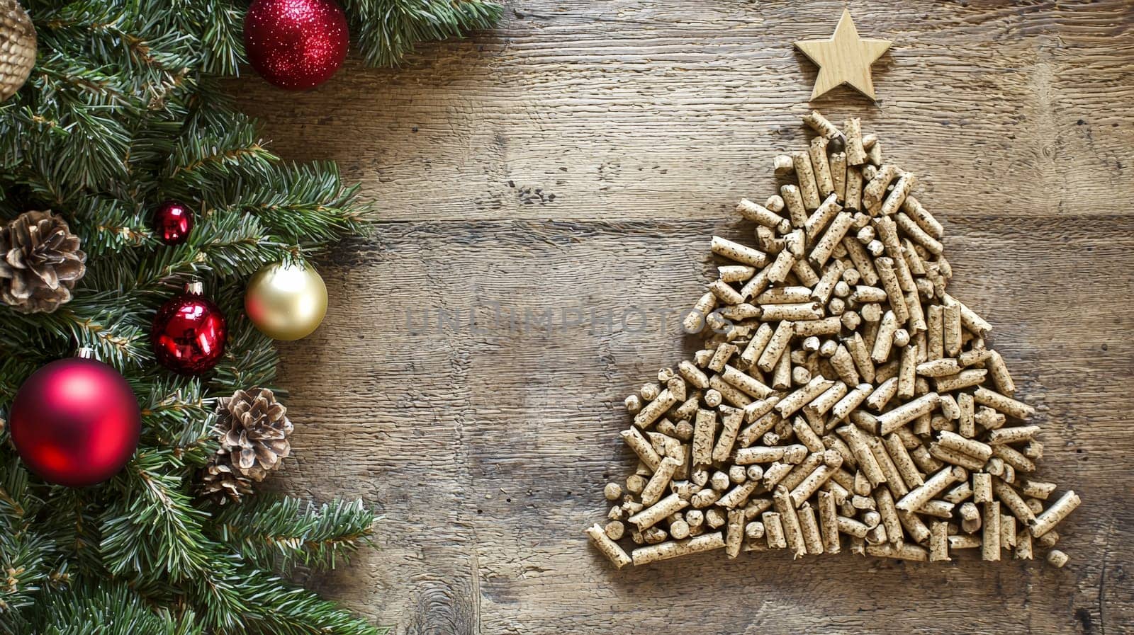 A top-down view of wood pellets meticulously arranged in the shape of a Christmas tree on a rustic wooden background. The selective focus enhances the texture of the pellets and the natural warmth of the wooden surface, creating a cozy and festive holiday atmosphere.