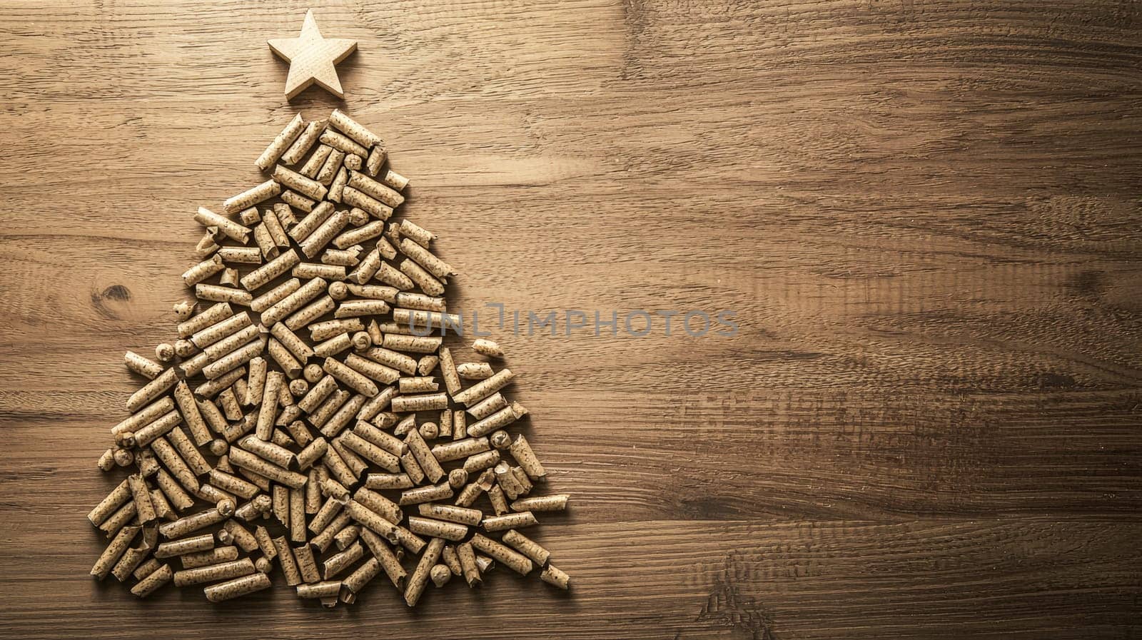 A top-down view of wood pellets meticulously arranged in the shape of a Christmas tree on a rustic wooden background. The selective focus enhances the texture of the pellets and the natural warmth of the wooden surface, creating a cozy and festive holiday atmosphere.