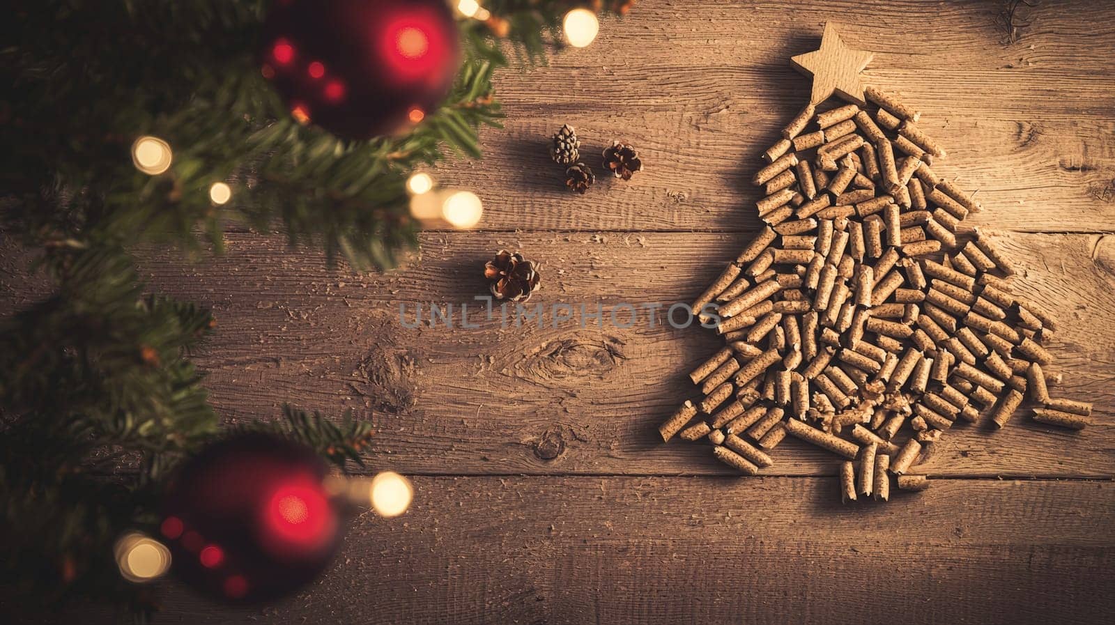 A top-down view of wood pellets meticulously arranged in the shape of a Christmas tree on a rustic wooden background. The selective focus enhances the texture of the pellets and the natural warmth of the wooden surface, creating a cozy and festive holiday atmosphere.