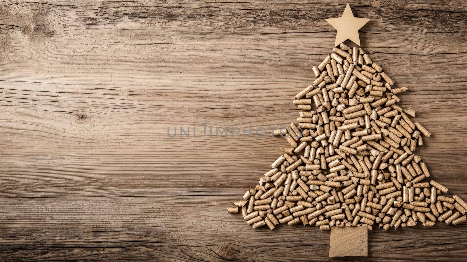 A top-down view of wood pellets meticulously arranged in the shape of a Christmas tree on a rustic wooden background. The selective focus enhances the texture of the pellets and the natural warmth of the wooden surface, creating a cozy and festive holiday atmosphere.