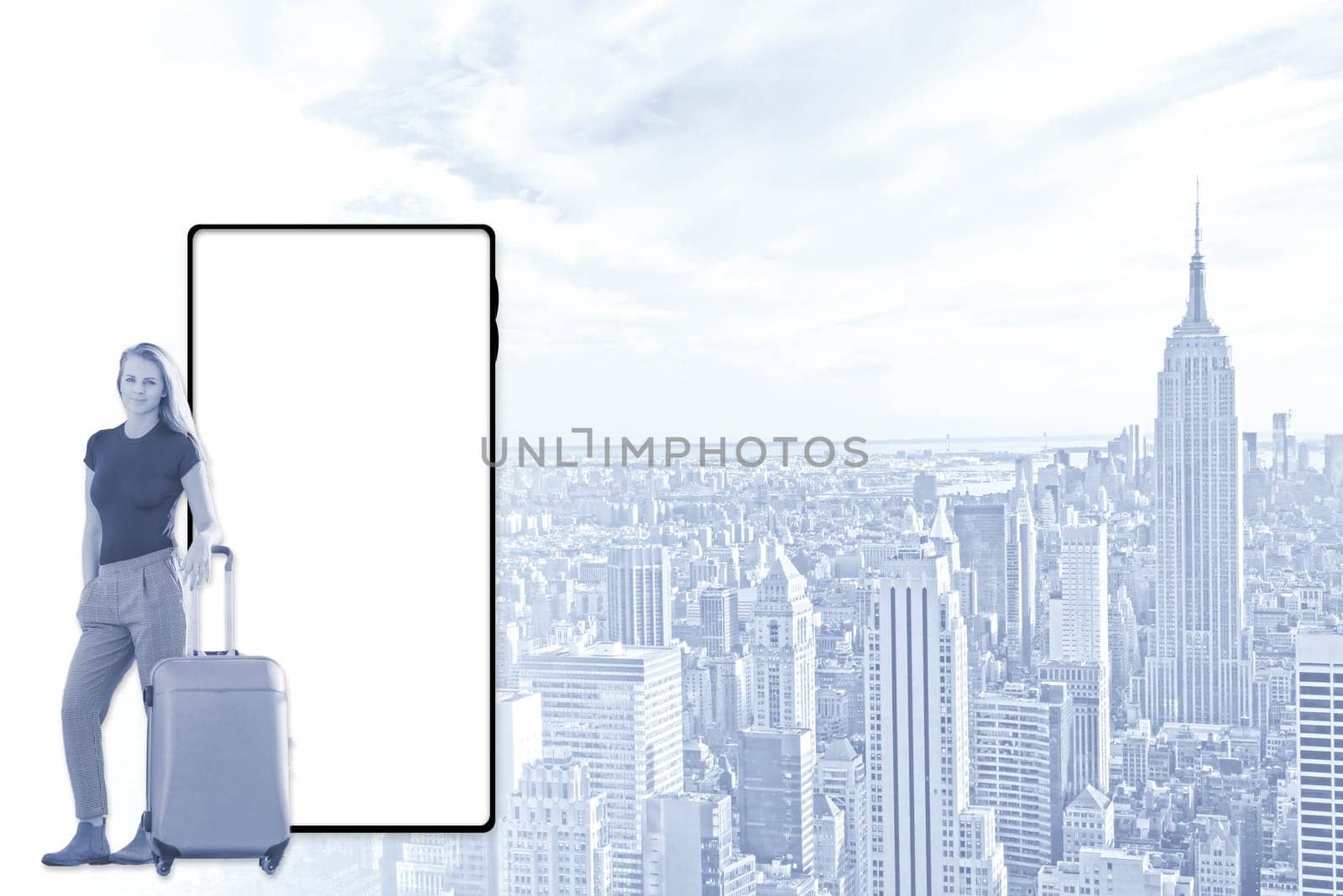 Girl standing with suitcase in front of blank mobile screen ready for your text.  Manhattan is in the  background. Everything is in a shade of blue.