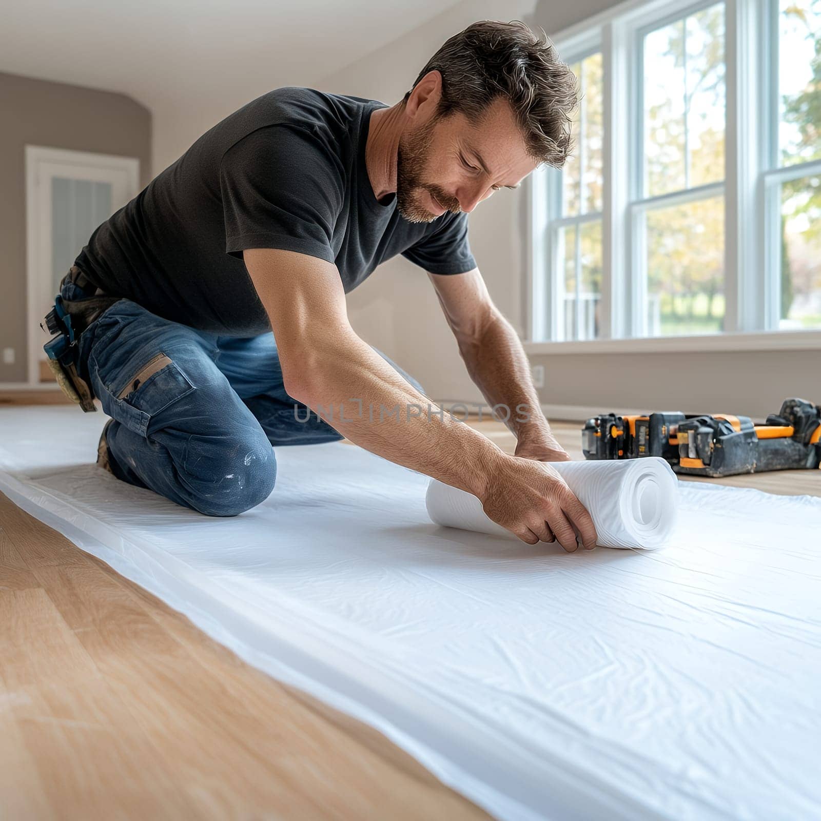 Man unrolling floor underlay in a bright room, preparing for flooring installation.