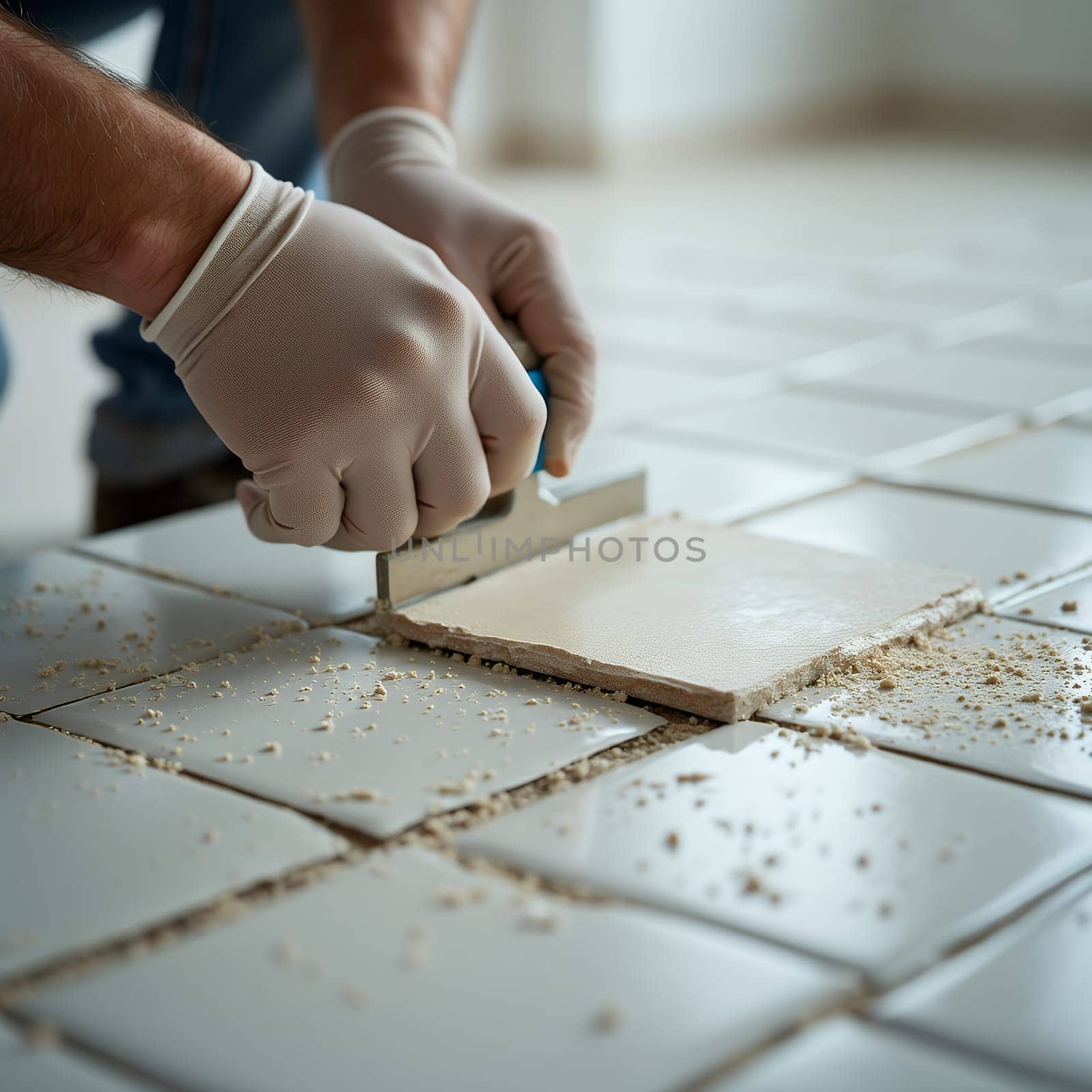 Hands of a worker tiling a floor with precision, focusing on craftsmanship and attention to detail in home improvement.