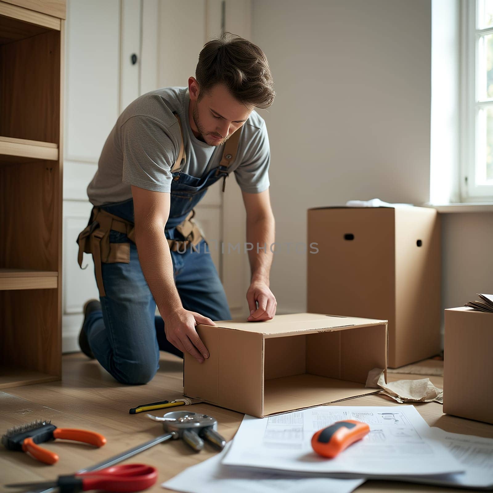 A man in overalls assembles furniture, focusing intently on the task, surrounded by tools and instruction manuals.