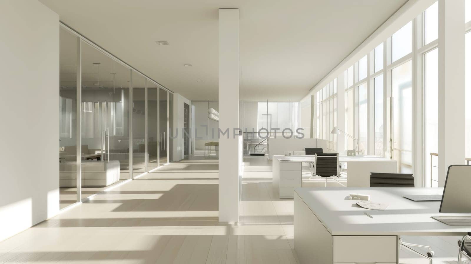 A minimalist work area with an open floor plan
