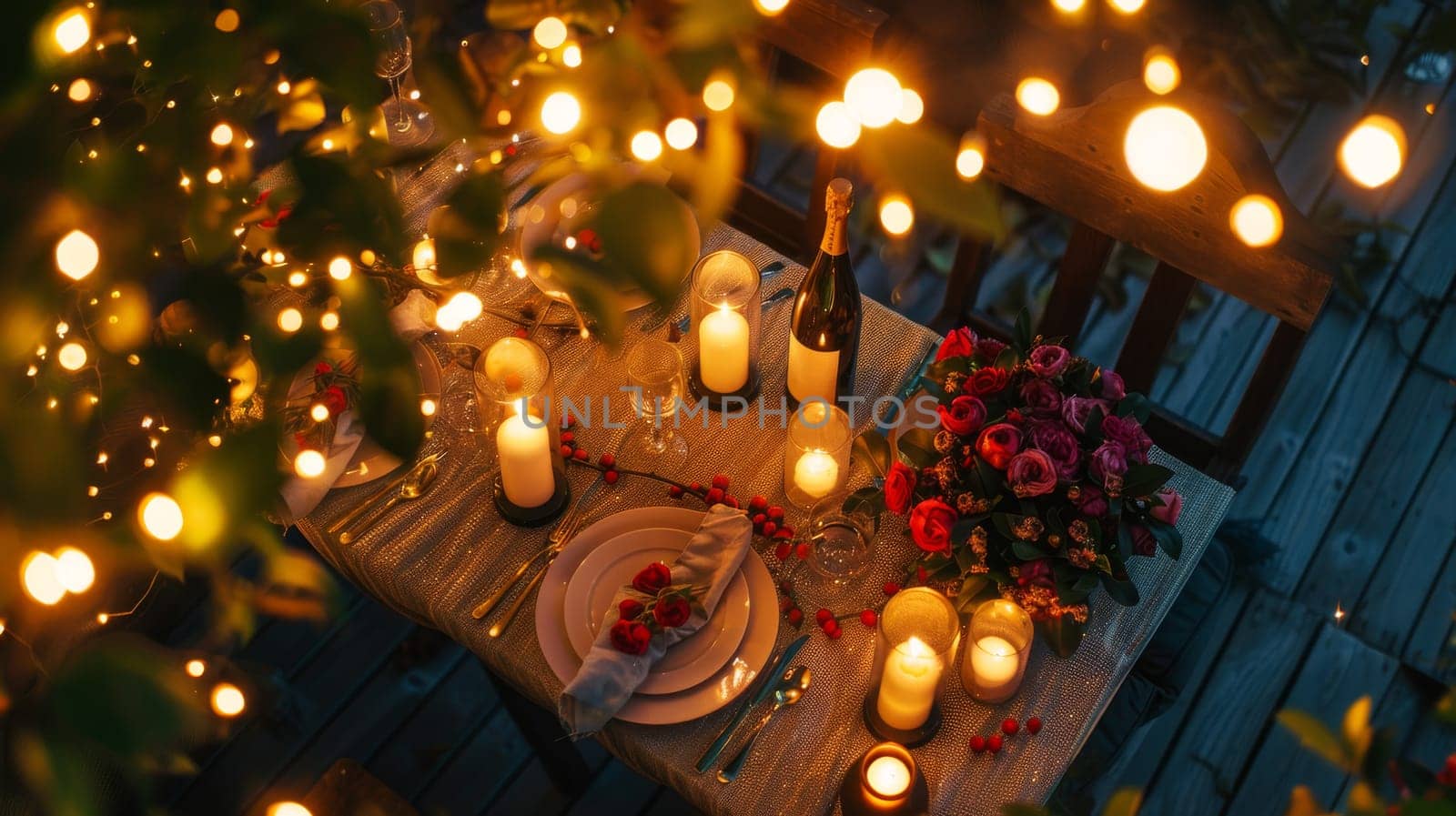 A romantic dinner setup with fairy lights and flowers, captured from a high angle