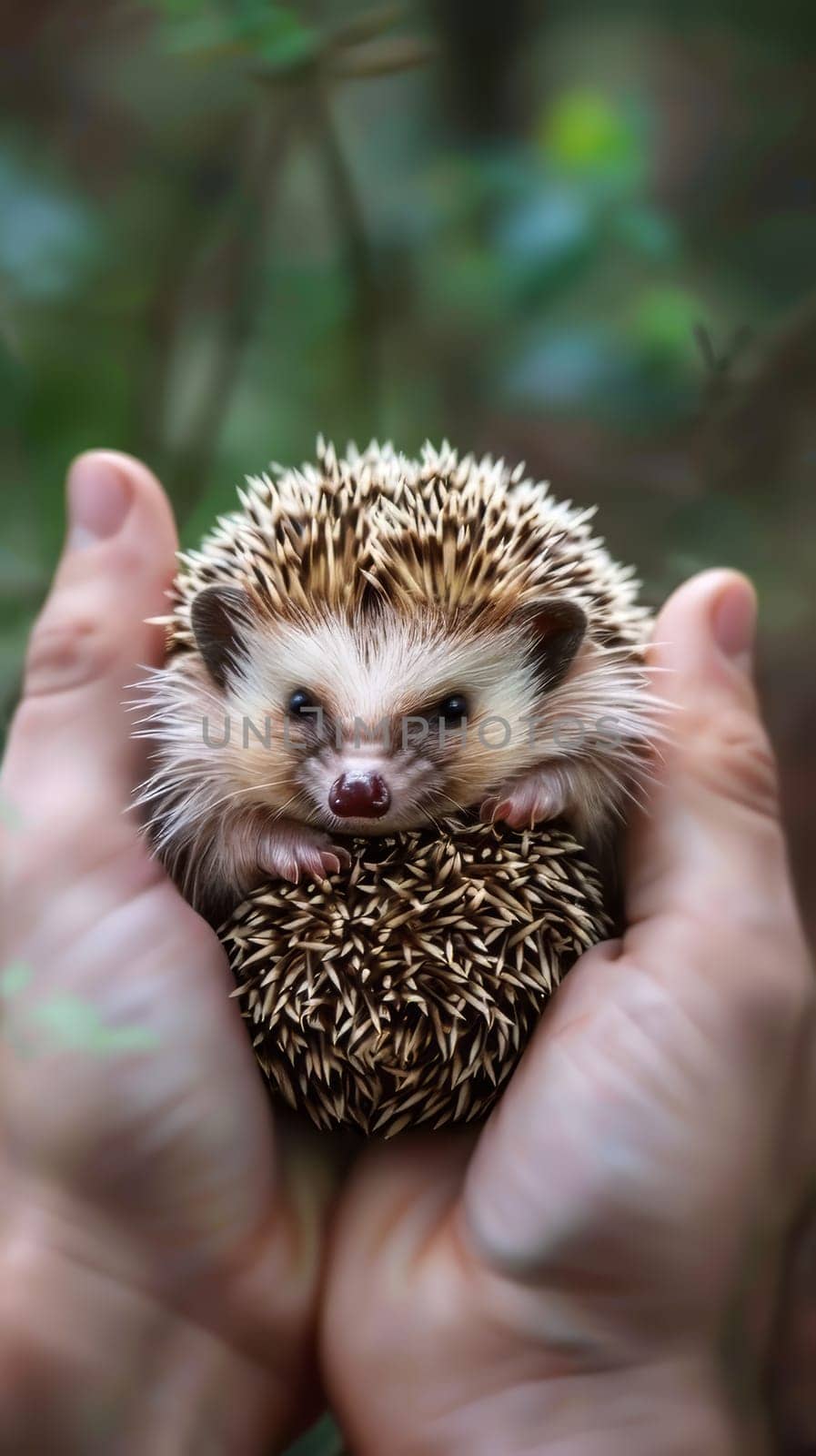 A tiny baby hedgehog curled into a ball