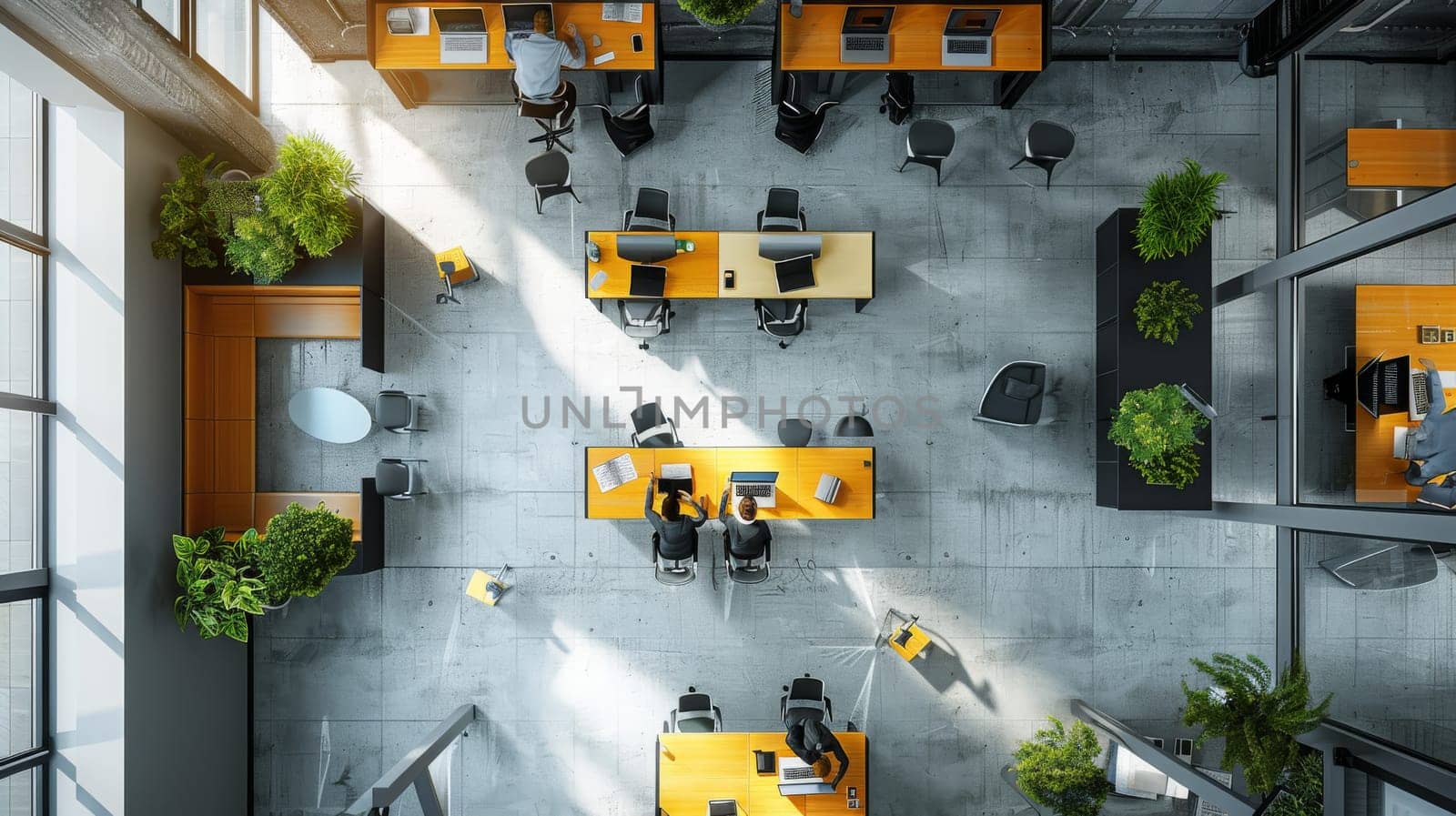 A top-down view of a flexible office layout with employees moving between workstations