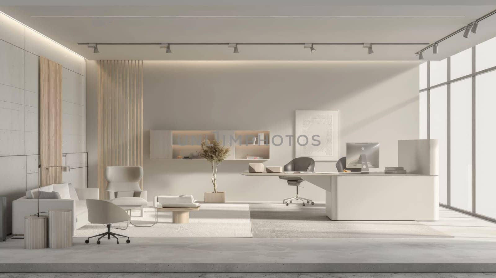 A minimalist work environment with neutral color scheme and minimalist furnishings