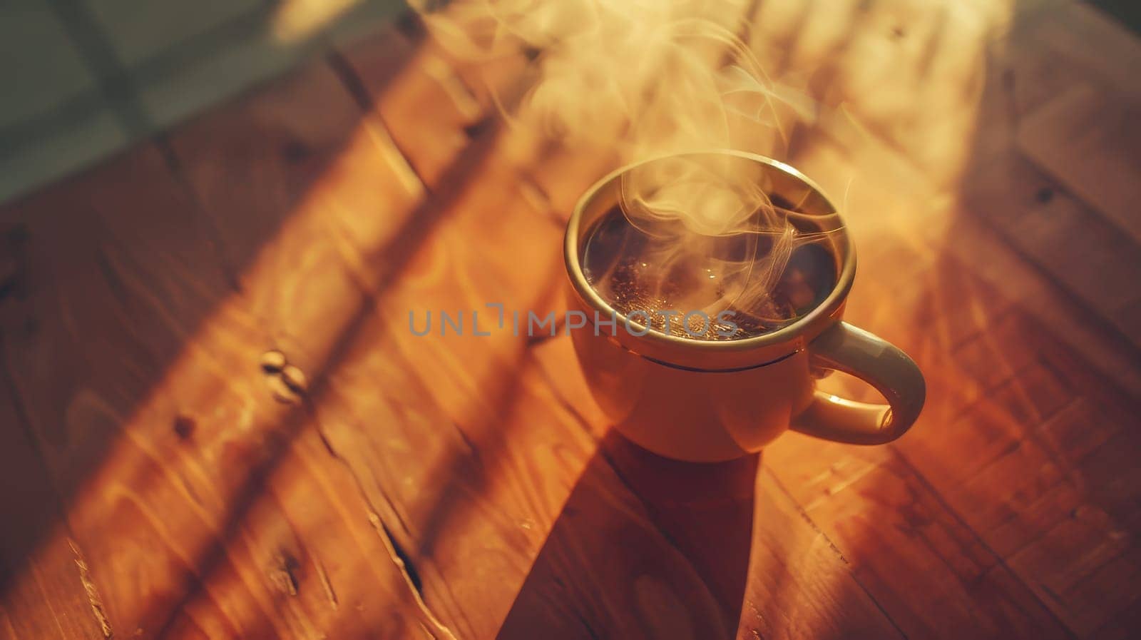 Aerial view of a steaming mug of coffee