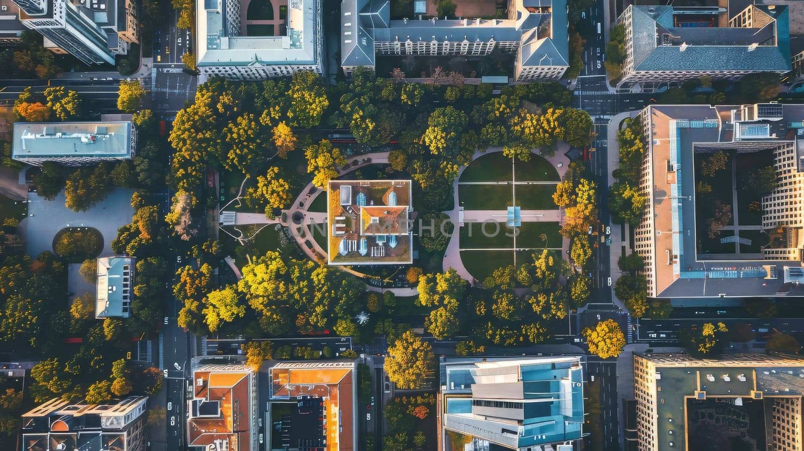 A city view with a park in the middle. The park is surrounded by tall buildings and has a large green area