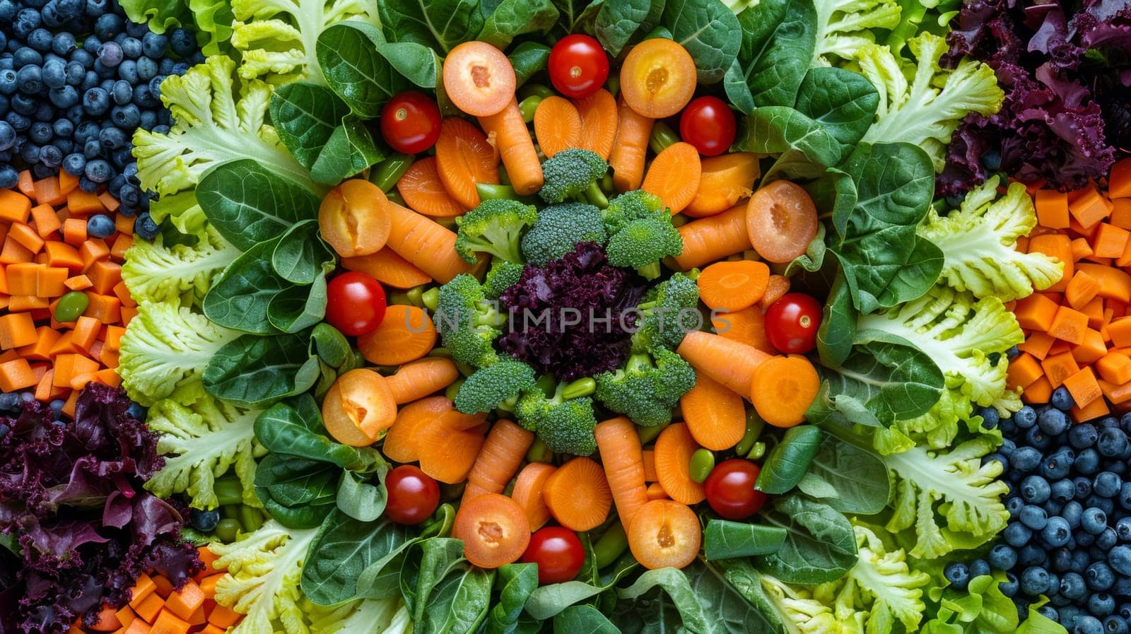 Abstract arrangement of spinning salad ingredients in a radial pattern
