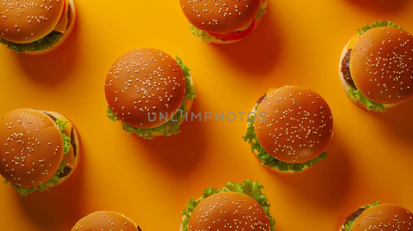 Aerial view of a rotating plate of burgers with copy space