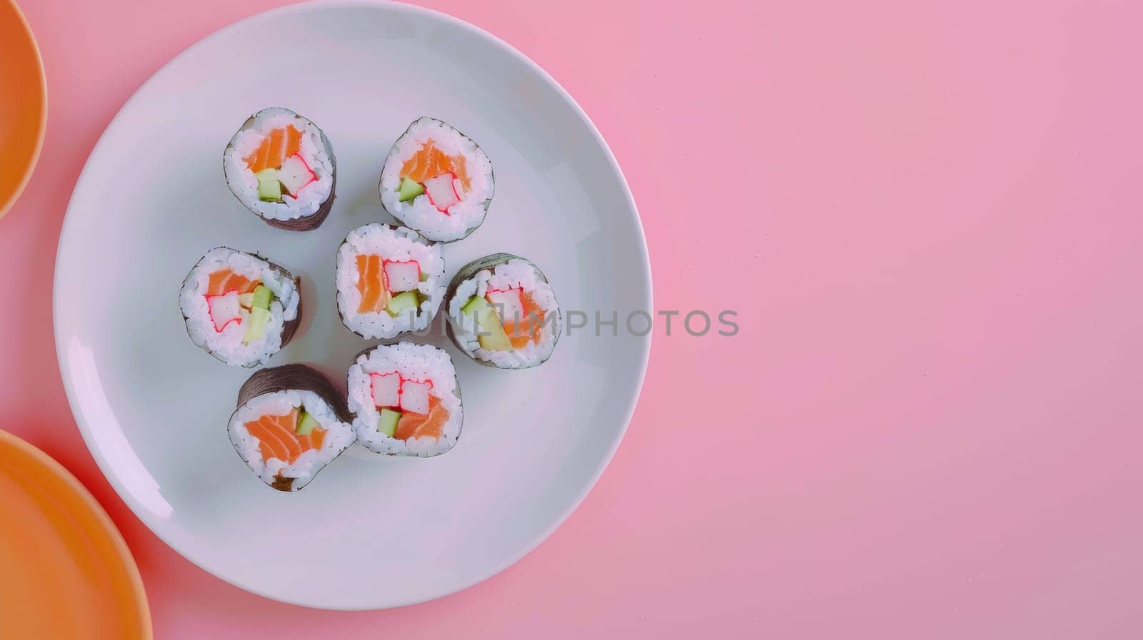 Aerial view of a rotating plate of sushi with copy space