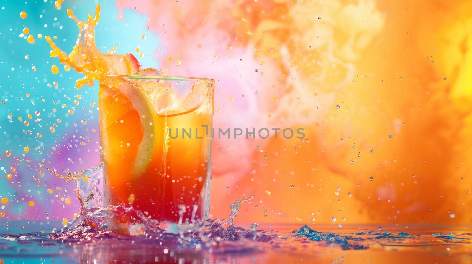 Abstract color background with a spinning glass of fruit juice