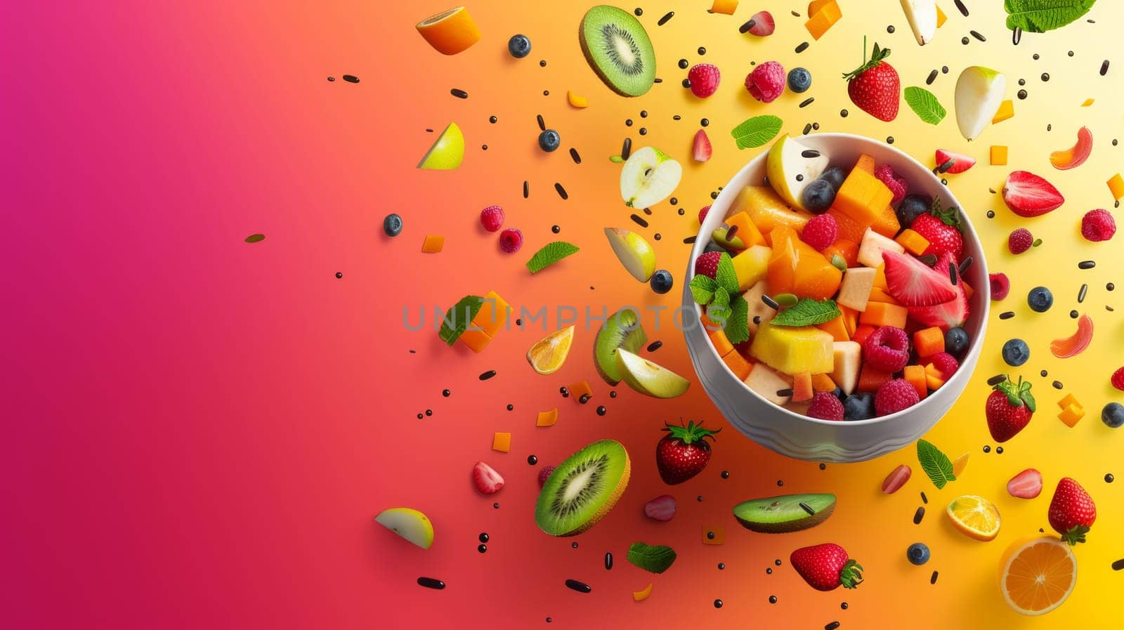 Abstract color background with a spinning bowl of fruit salad