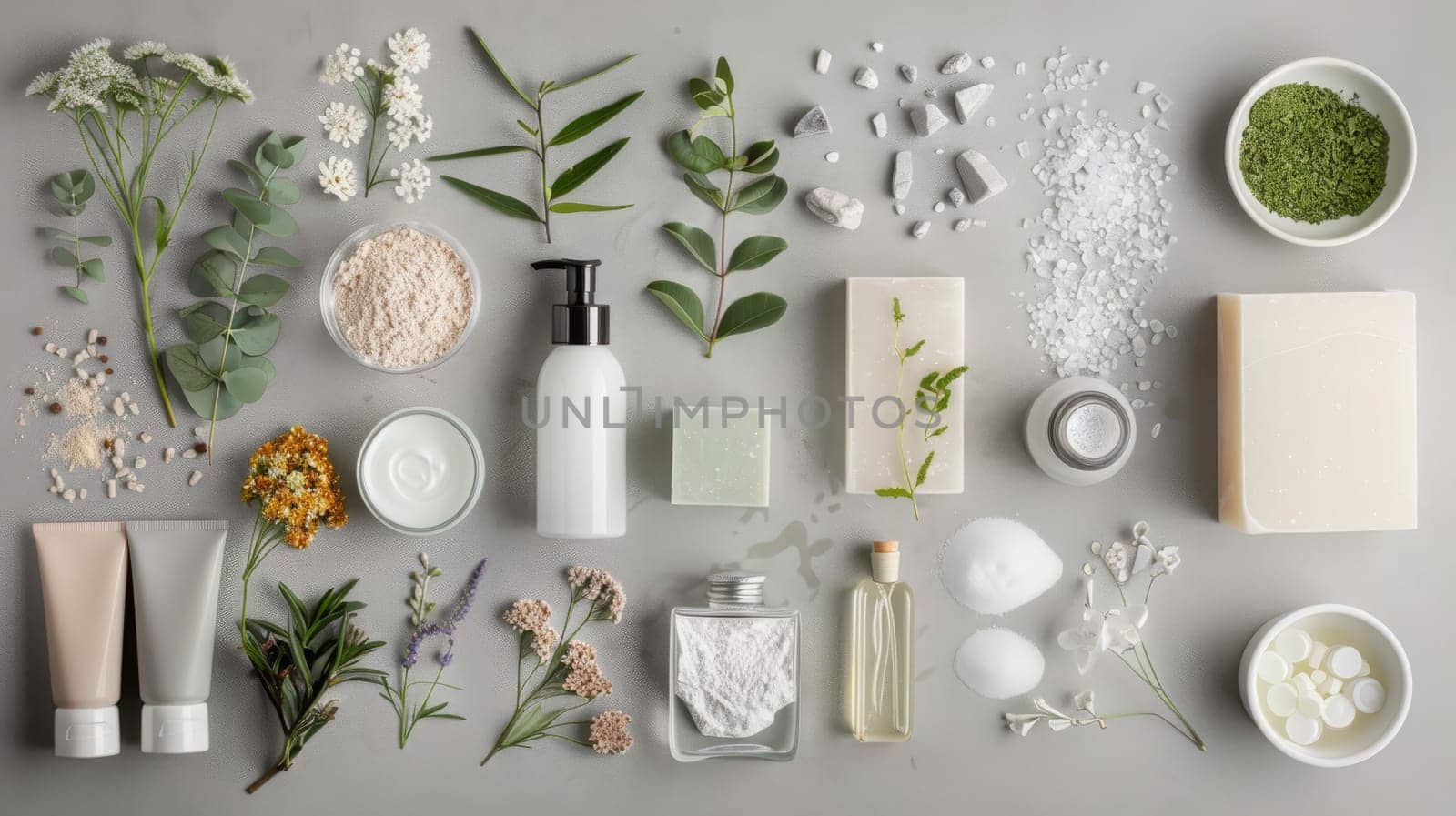 Aerial view of beauty and wellness products