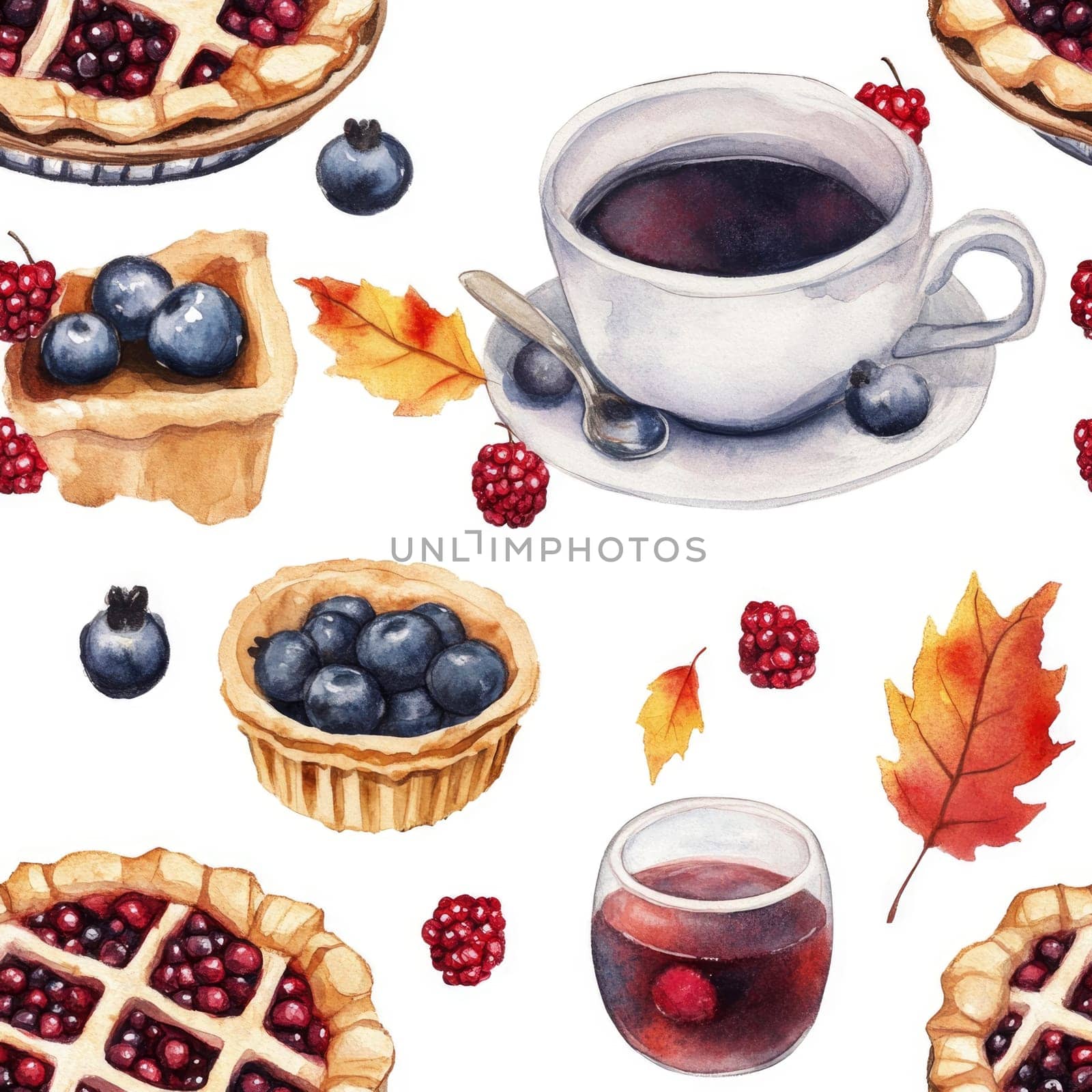 Tea party with berry pie seamless pattern. Background with pieces of homemade pie, cup of tea and teapot. Cute cozy print for textile
