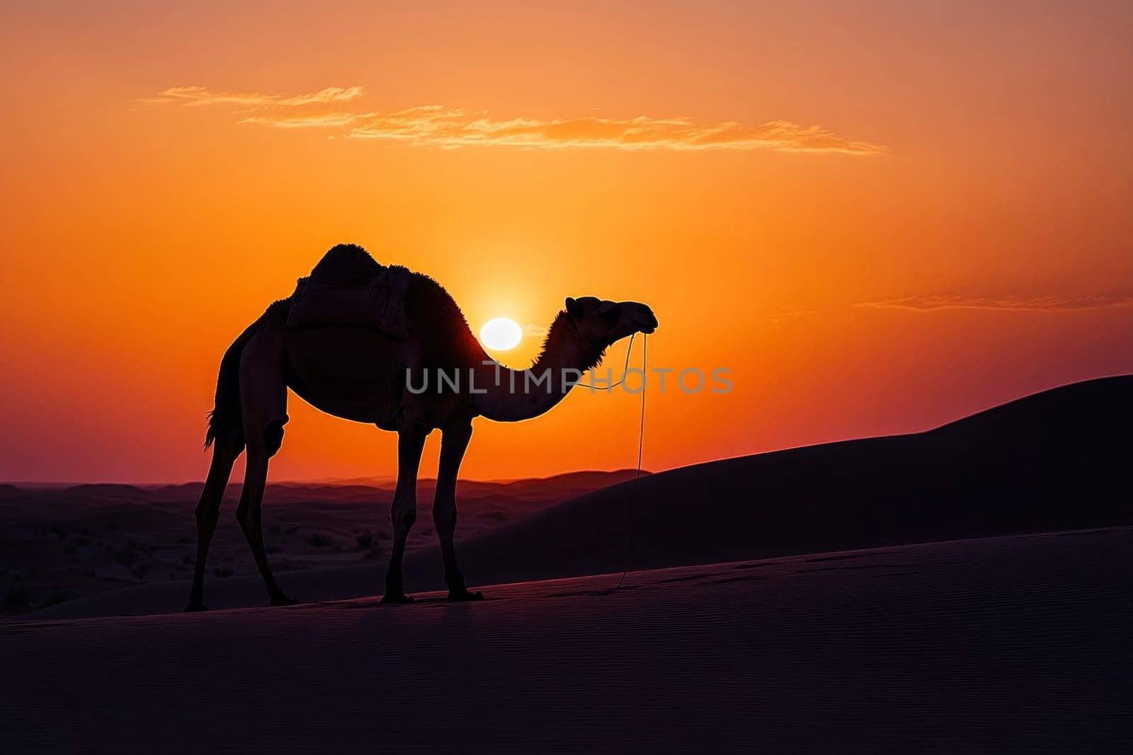Silhouette of camel in the desert at sunset. Horizontal background of arid desert dunes with lone camel