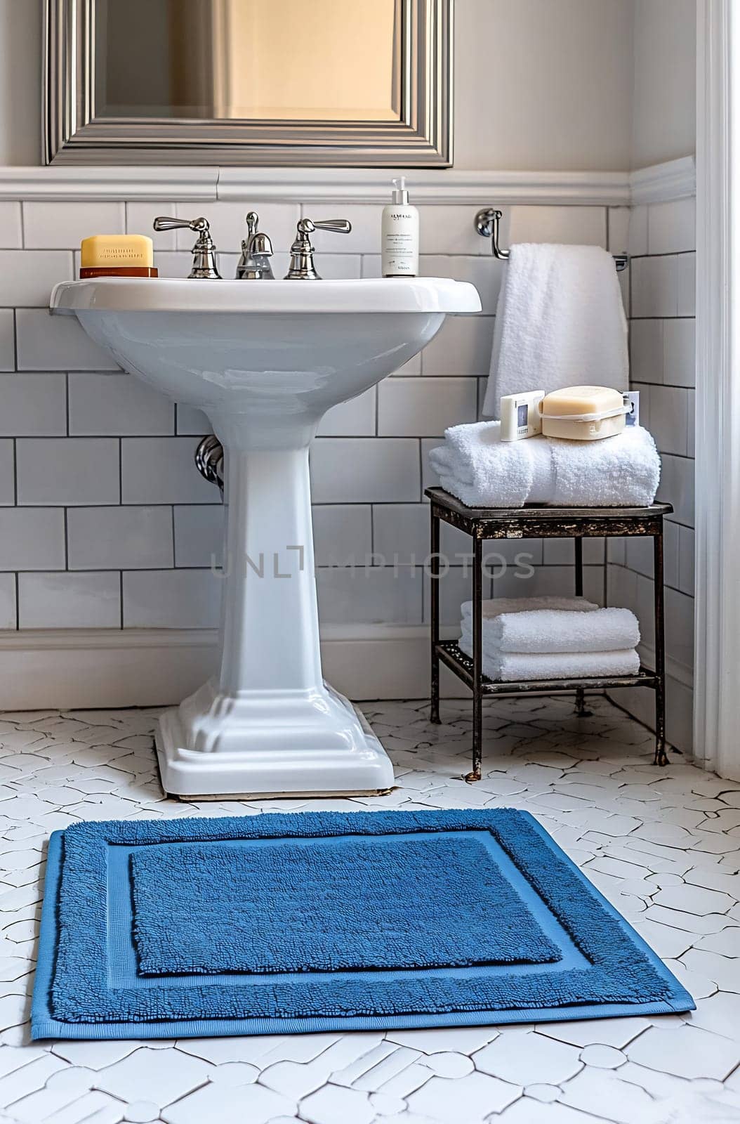A charming bathroom features a vintage sink, neatly arranged towels, and a blue bath mat on stylish tiles, creating a welcoming atmosphere.