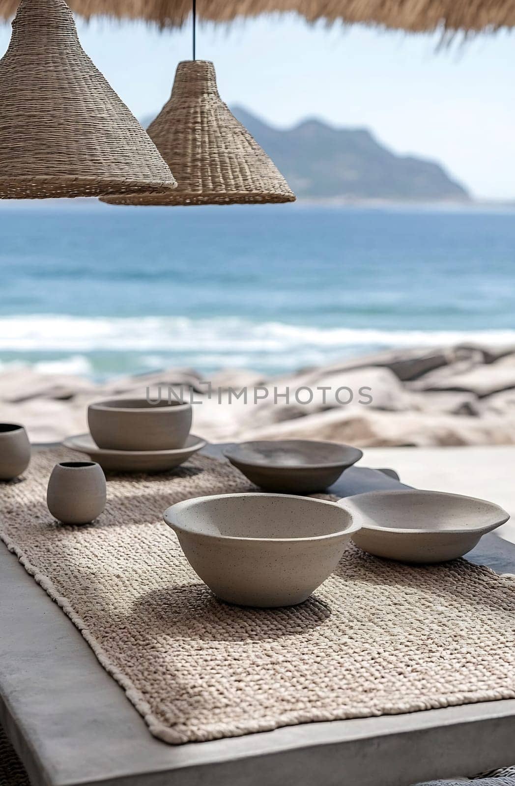 A beautifully arranged table with ceramic bowls and woven placemats overlooks the serene ocean view, creating a cozy dining atmosphere.