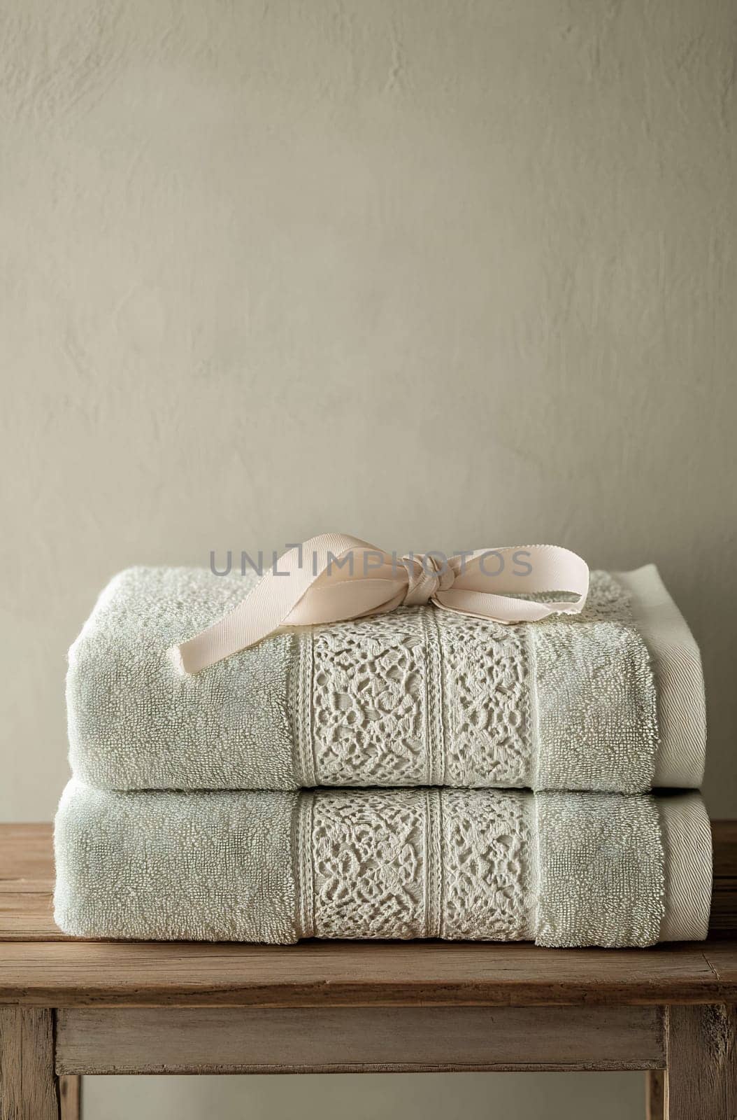 A stack of plush towels with a decorative ribbon sits on a wooden table, creating a warm and inviting atmosphere in the bathroom.