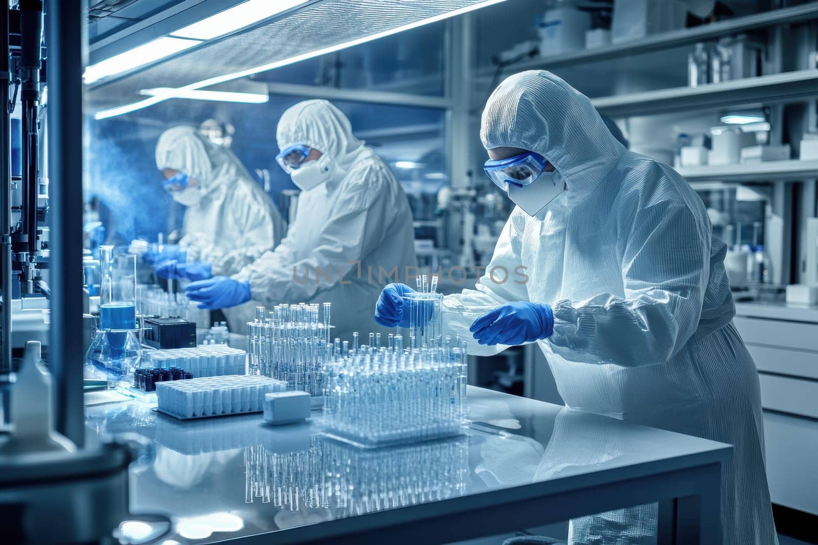pharmaceutical production line, workers in lab coats and masks . AI generative.