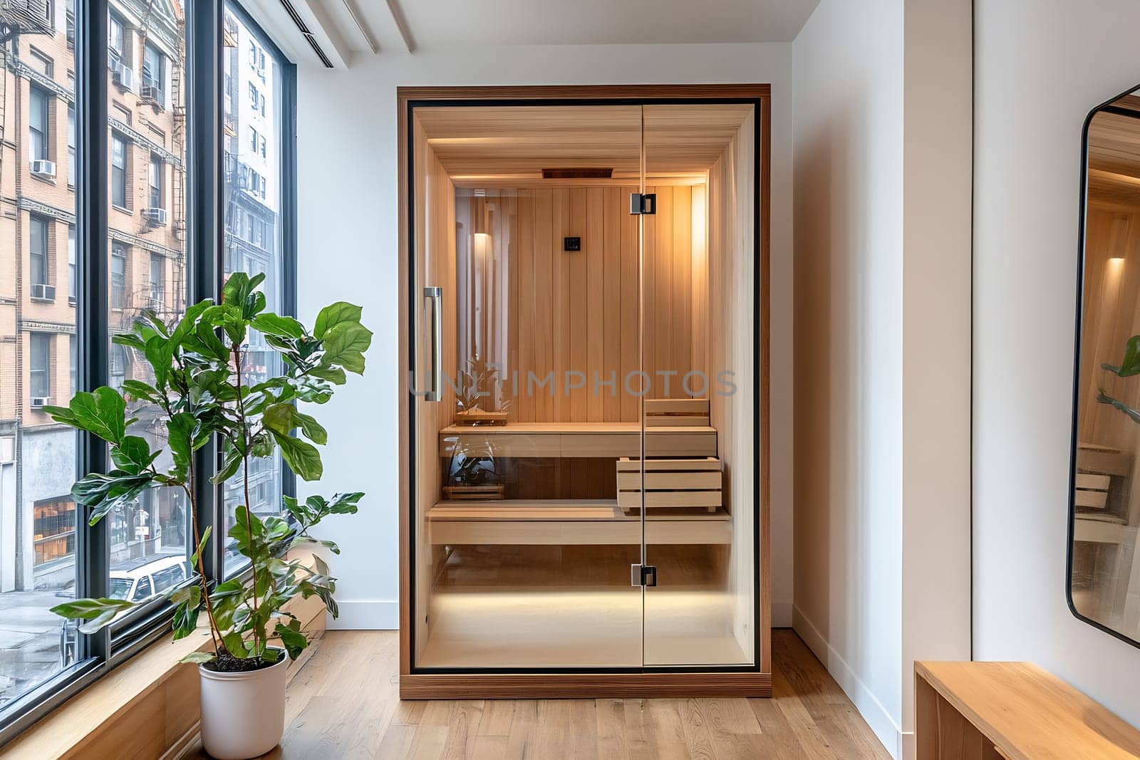 A wooden sauna occupies a sunlit corner of a contemporary studio, surrounded by greenery and large windows overlooking the city.