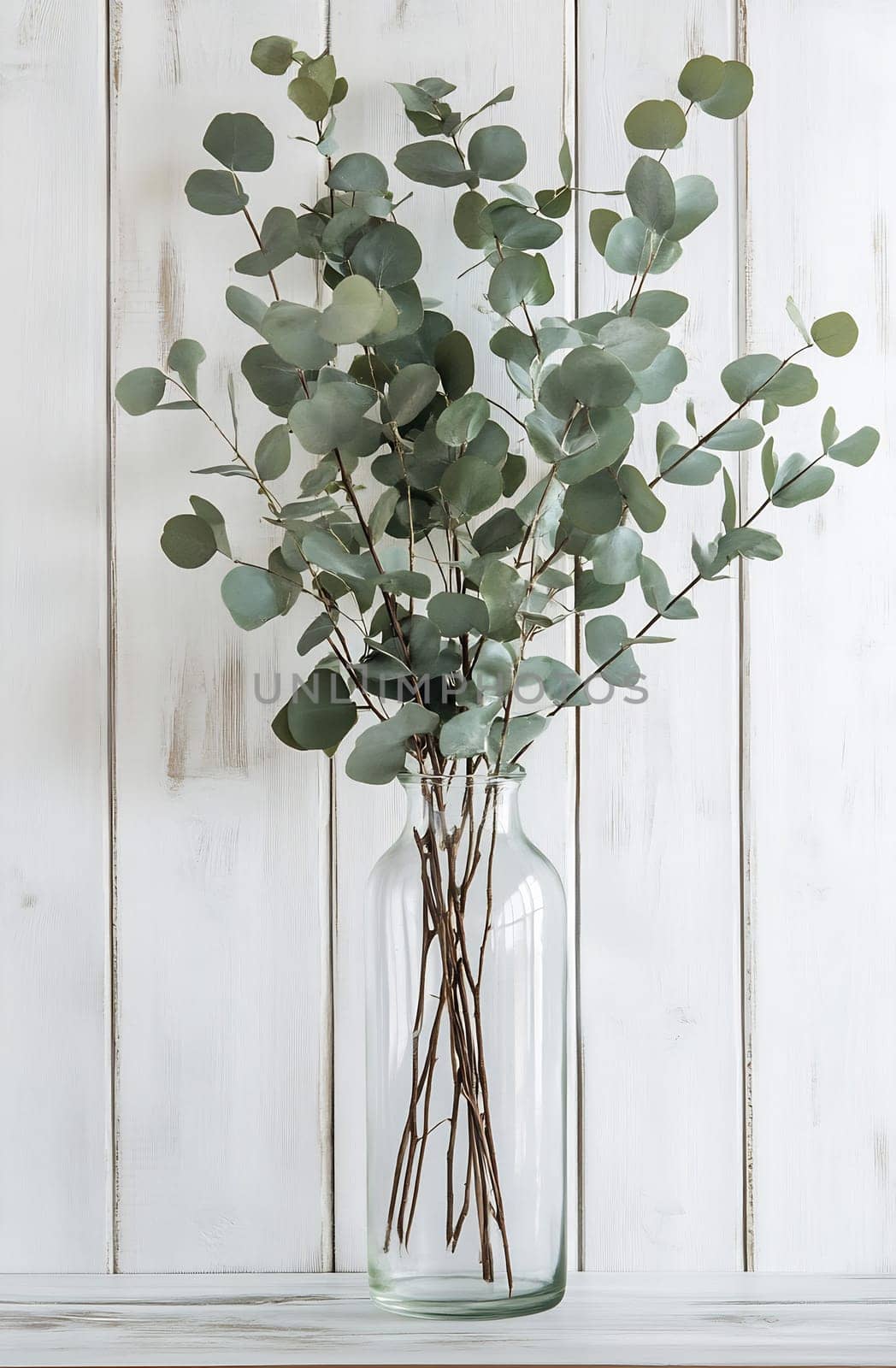 Fresh eucalyptus branches are elegantly arranged in a clear glass vase against a rustic wooden background.