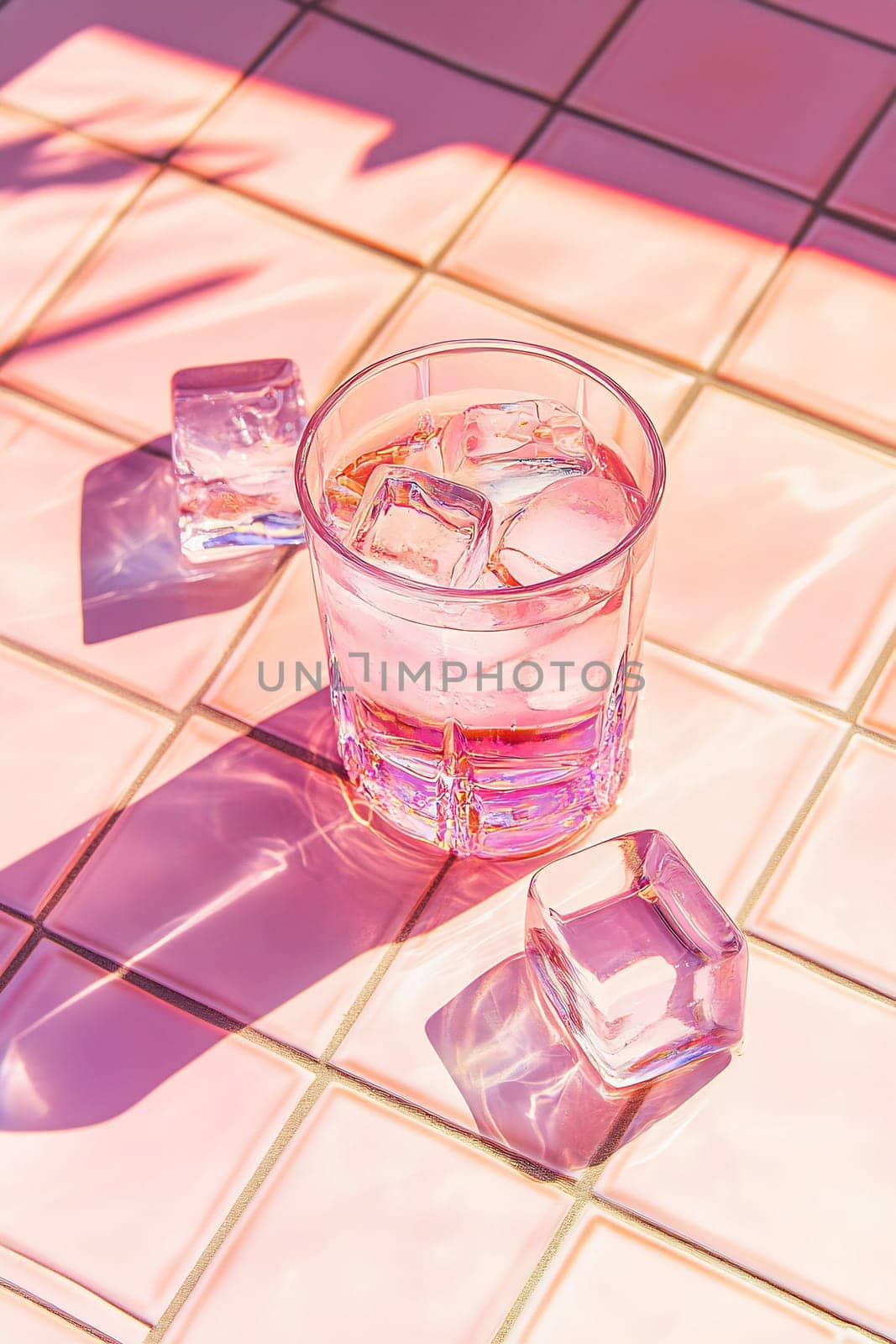 A vibrant glass filled with a chilled drink rests on a pink tiled surface, accompanied by scattered ice cubes.