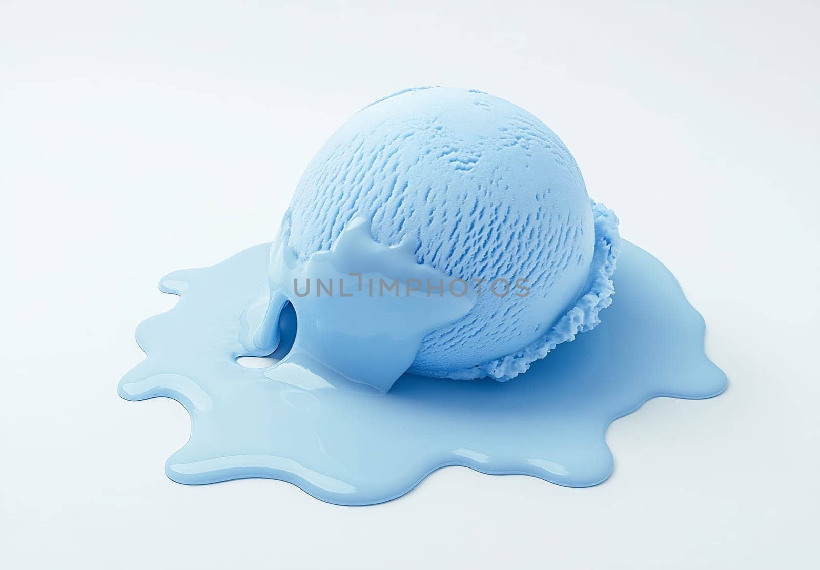 A vibrant blue scoop of ice cream slowly melts into a puddle, creating a delightful and colorful mess on a white backdrop.
