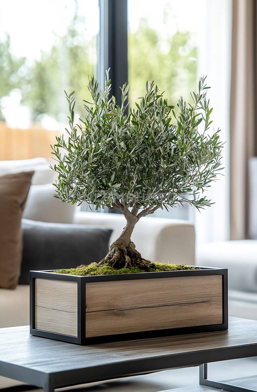 A decorative olive tree in a wooden pot enhances the contemporary style of a cozy living room with natural light.